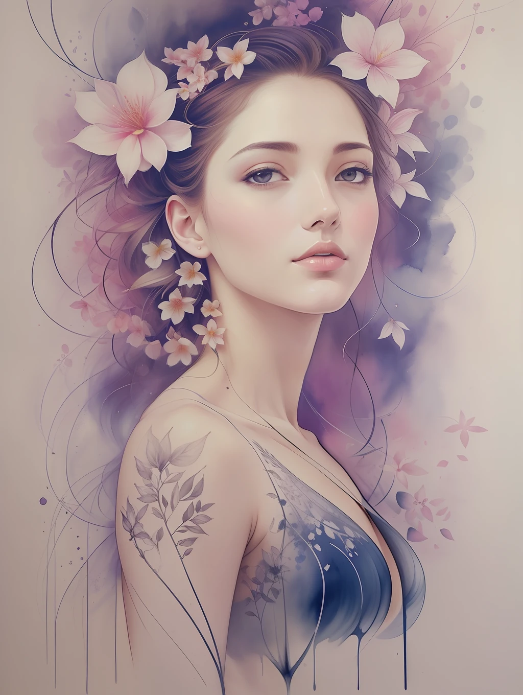 A botanical masterpiece in the style of Marco Mazzoni, detailed, hyper-realistic, front view, elemets of symbolism and surrealism, a painting by mse a attractive seductive woman by agnes cecile, luminous design, pastel colours, ink drips, spring lights, intricate design, looking to the viewer intertwined, beautiful attractive seductive woman, flowers, pastel, looking to the viewer, front view