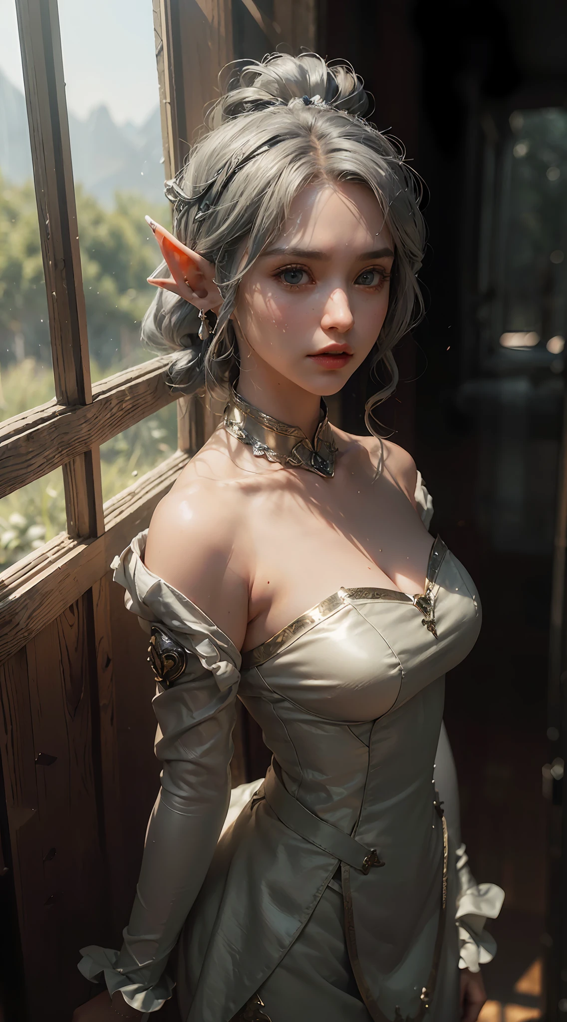 ((Best Quality)), ((Masterpiece), (Detail: 1.4), 3D, ((Silver Hair: 1.9))), (((Elf Ear: 1.2))) Extremely Normal Ears, HDR (High Dynamic Range), Ray Tracing, NVIDIA RTX, Super-Resolution, Unreal 5, Subsurface Scattering, PBR Texture, Post-Processing, Anisotropic Filtering, Depth of Field, Maximum Sharpness and Sharpness, Multi-layer Texture, Albedo and specular mapping, surface shading, accurate simulation of light-material interactions, perfect proportions, Octane Render, two-color light, large aperture, low ISO, white balance, rule of thirds, 8K RAW,