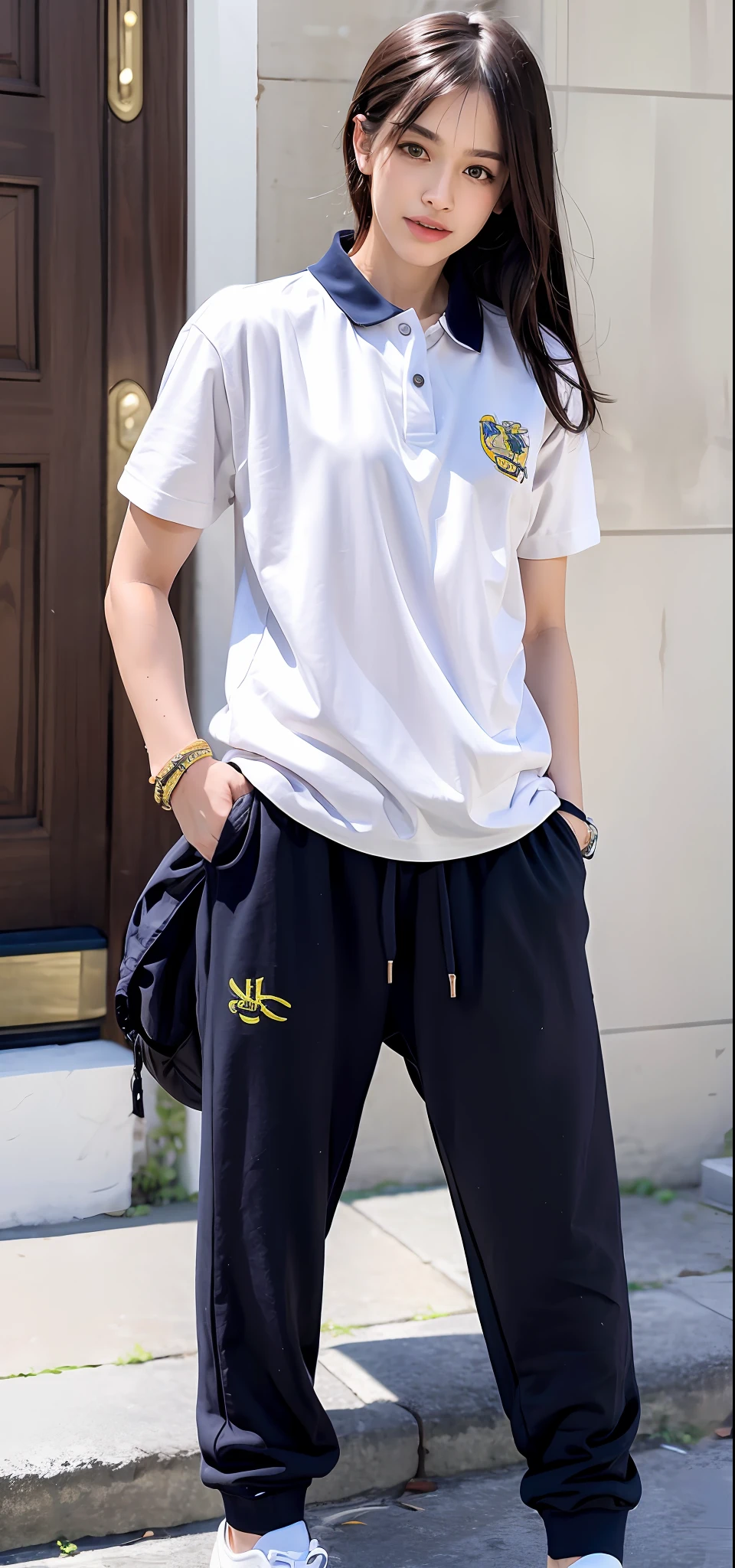 Polo shirt paired with sweatpants.