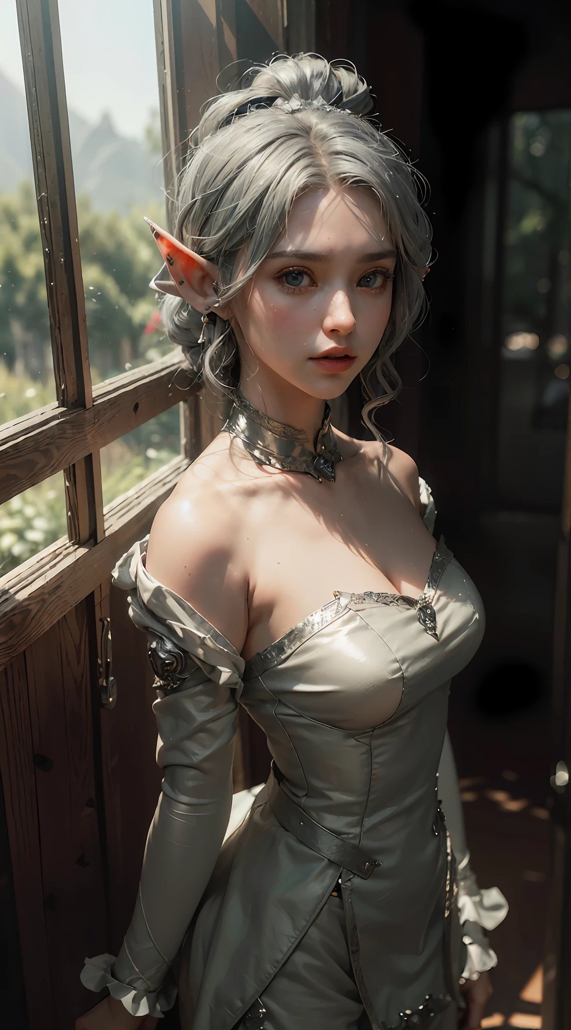((Best Quality)), ((Masterpiece), (Detail: 1.4), 3D, ((Silver Hair: 1.9))), (((Elf Ear: 1.2))) Extremely Normal Ears, HDR (High Dynamic Range), Ray Tracing, NVIDIA RTX, Super-Resolution, Unreal 5, Subsurface Scattering, PBR Texture, Post-Processing, Anisotropic Filtering, Depth of Field, Maximum Sharpness and Sharpness, Multi-layer Texture, Albedo and specular mapping, surface shading, accurate simulation of light-material interactions, perfect proportions, Octane Render, two-color light, large aperture, low ISO, white balance, rule of thirds, 8K RAW,