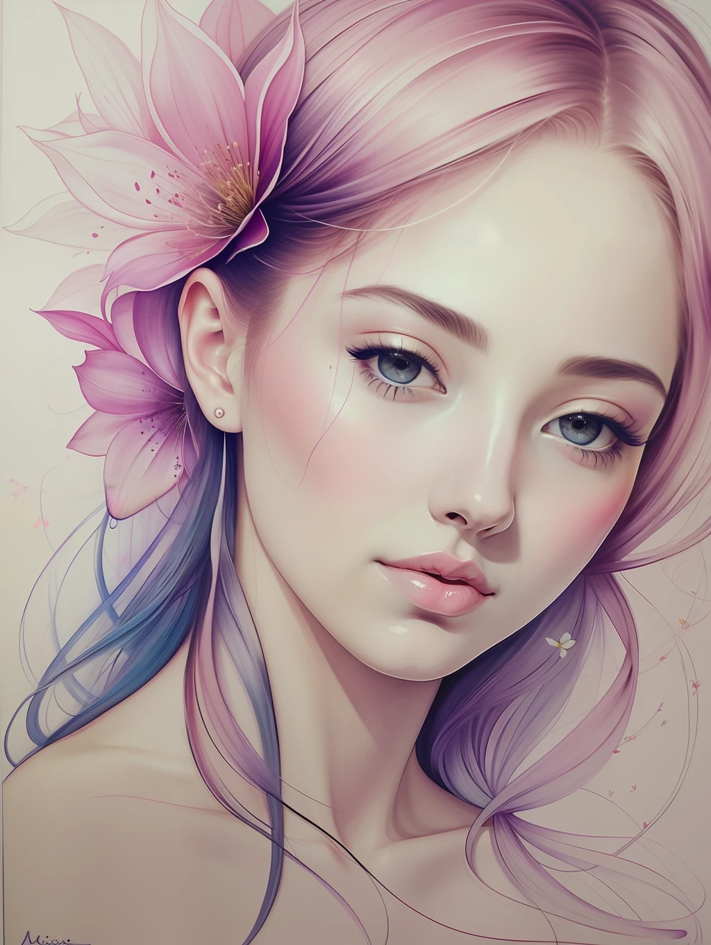 A botanical masterpiece in the style of Marco Mazzoni, detailed, hyper-realistic, front view, elemets of symbolism and surrealism, a painting by mse a attractive seductive woman by agnes cecile, luminous design, pastel colours, ink drips, spring lights, intricate design, looking to the viewer intertwined, beautiful attractive seductive woman, flowers, pastel, looking to the viewer, front view