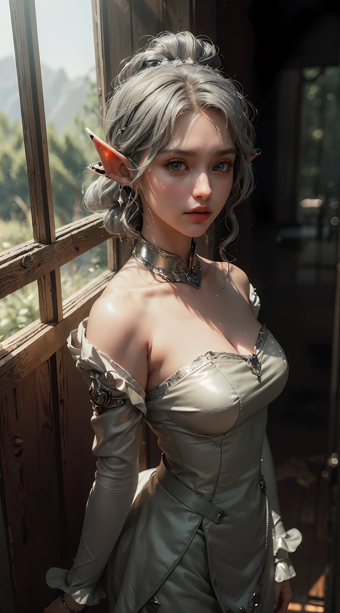 ((Best Quality)), ((Masterpiece), (Detail: 1.4), 3D, ((Silver Hair: 1.9))), (((Elf Ear: 1.2))) Extremely Normal Ears, HDR (High Dynamic Range), Ray Tracing, NVIDIA RTX, Super-Resolution, Unreal 5, Subsurface Scattering, PBR Texture, Post-Processing, Anisotropic Filtering, Depth of Field, Maximum Sharpness and Sharpness, Multi-layer Texture, Albedo and specular mapping, surface shading, accurate simulation of light-material interactions, perfect proportions, Octane Render, two-color light, large aperture, low ISO, white balance, rule of thirds, 8K RAW,