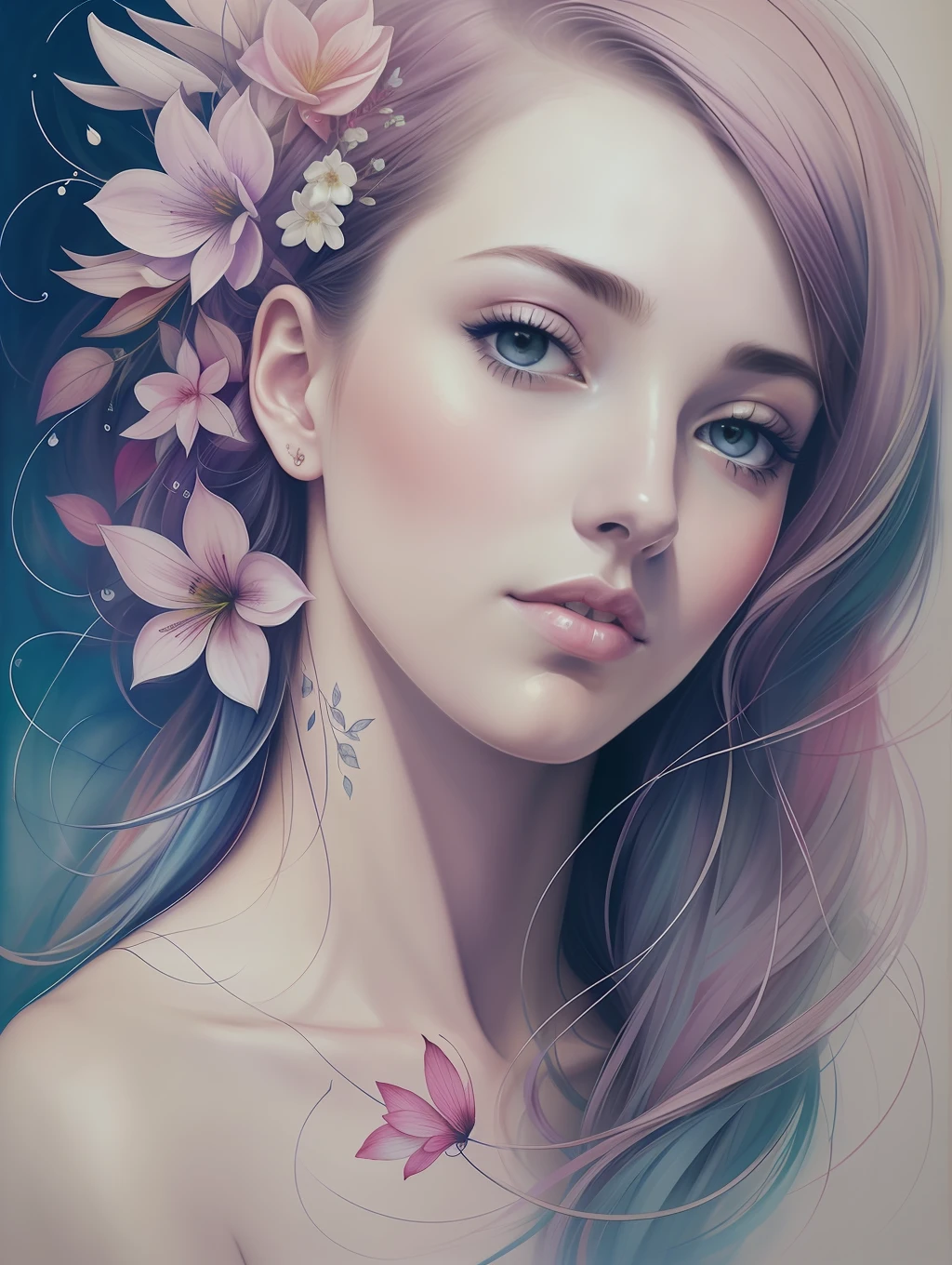 A botanical masterpiece in the style of Marco Mazzoni, detailed, hyper-realistic, front view, elemets of symbolism and surrealism, a painting by mse a attractive seductive woman by agnes cecile, luminous design, pastel colours, ink drips, spring lights, intricate design, looking to the viewer intertwined, beautiful attractive seductive woman, flowers, pastel, looking to the viewer, front view