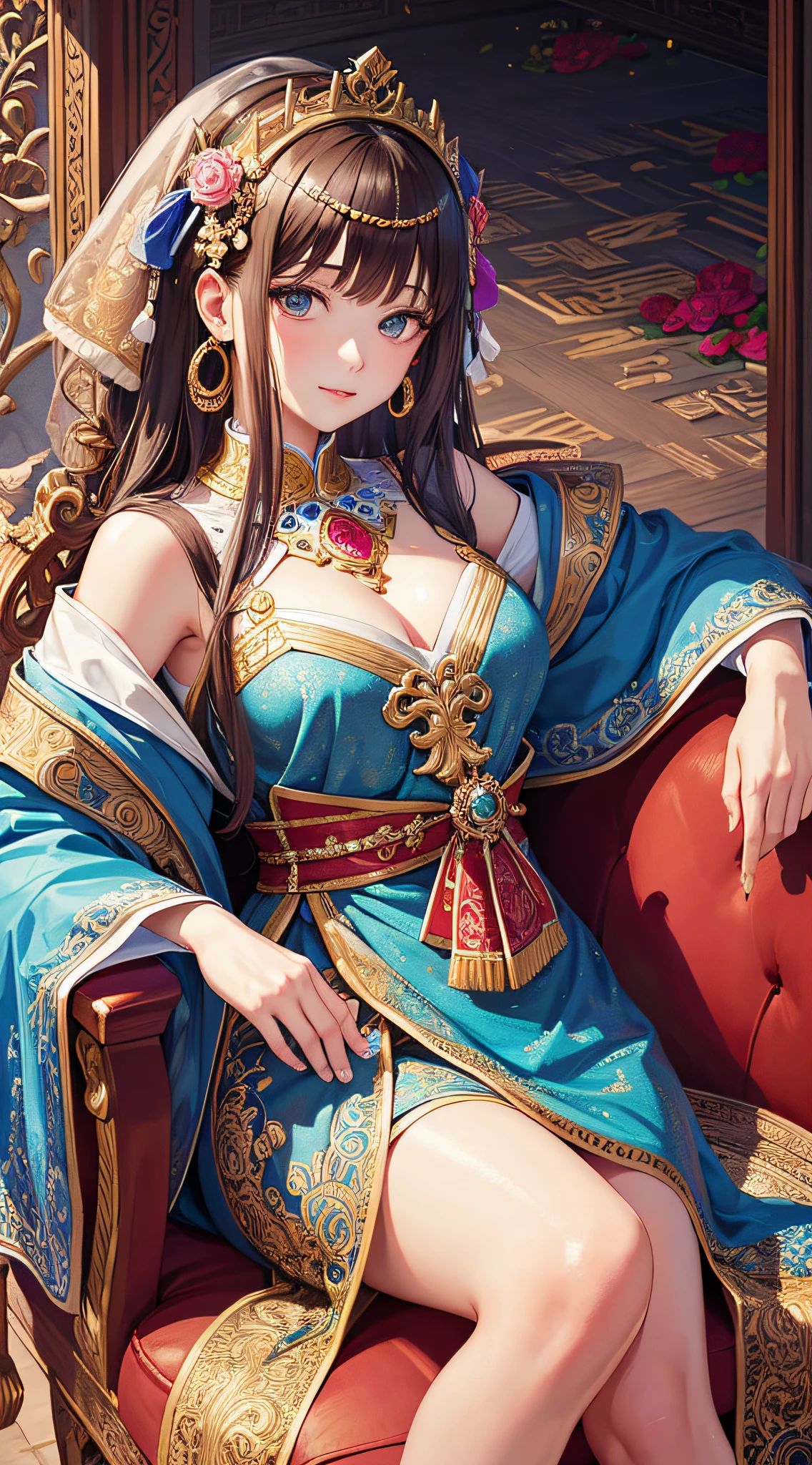 (Masterpiece, Top Quality, Best Quality, Official Art, Beauty and Aesthetics: 1.2), (1girl: 1.2), Very Detailed, (Fractal Art: 1.2), Colorful, Most Detailed, (Zentangle: 1.2), (Dynamic Pose), (Abstract Background: 1.5), (Traditional Clothing: 1.2), (Shiny Skin), (Multiple Colors: 1.4), Bust, Palace, Chinese Princess, Dressed in Gorgeous Clothes, Sitting on a Throne,