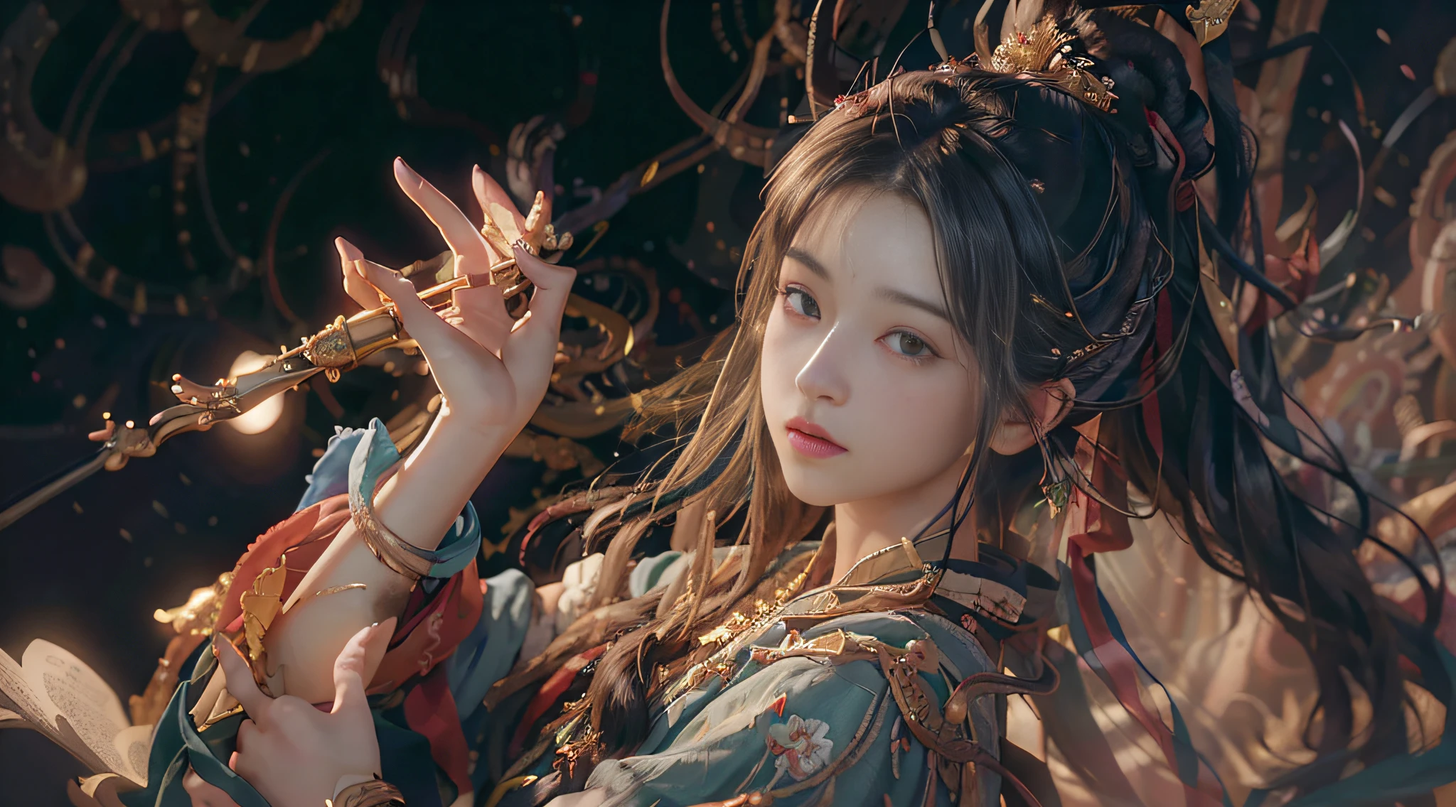 (RAW photo, best quality), (realistic, photo-realistic:1.3),best quality,highly detailed,masterpiece,ultra-detailed,illustration,1girl,upper_body,dynamic angle,world masterpiece theater,messy_long_hair,best quality,extremely detailed CG unity 8k wallpaper,ink,Amazing,cinematic lighting,lens_flare, dunhuang_style