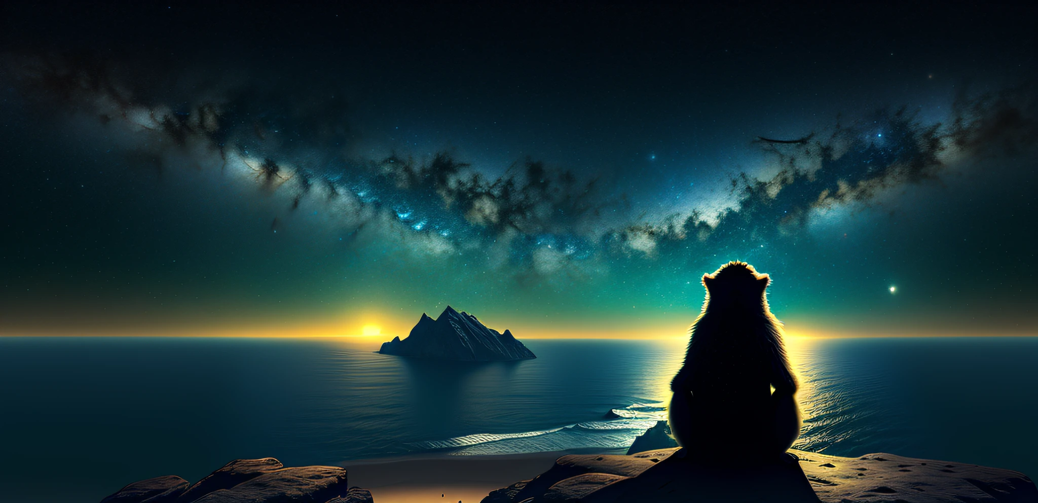 Masterpiece, approximate image of high resolution, a monkey sitting on the moon of the coast, looking at the stars and galaxies, abstract, symmetrical UHD, HDR, 16K, animation, galaxy stars, hyper-realistic.