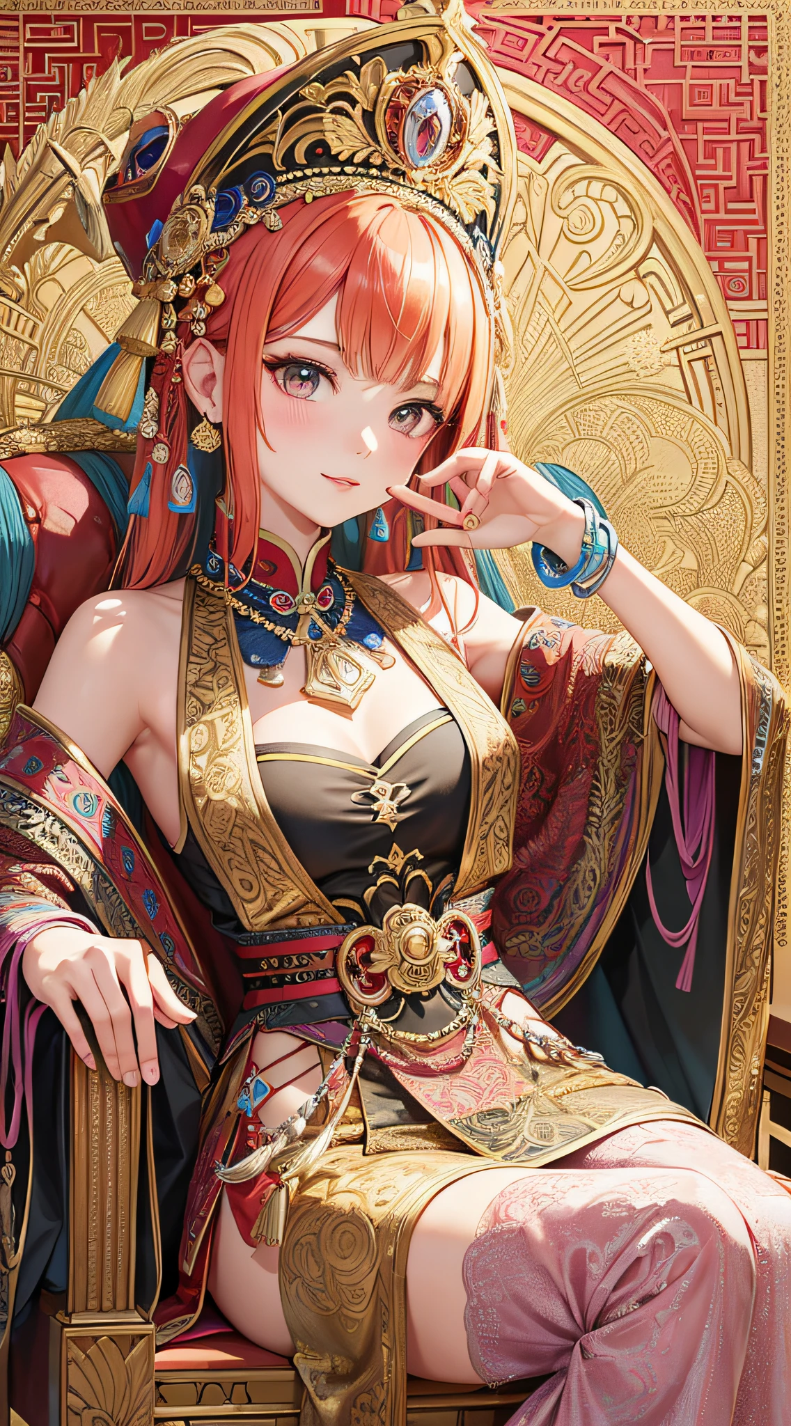 (Masterpiece, Top Quality, Best Quality, Official Art, Beauty and Aesthetics: 1.2), (1girl: 1.2), Very Detailed, (Fractal Art: 1.2), Colorful, Most Detailed, (Zentangle: 1.2), (Dynamic Pose), (Abstract Background: 1.5), (Traditional Clothing: 1.2), (Shiny Skin), (Multiple Colors: 1.4), Bust, Palace, Chinese Princess, Dressed in Gorgeous Clothes, Sitting on a Throne,