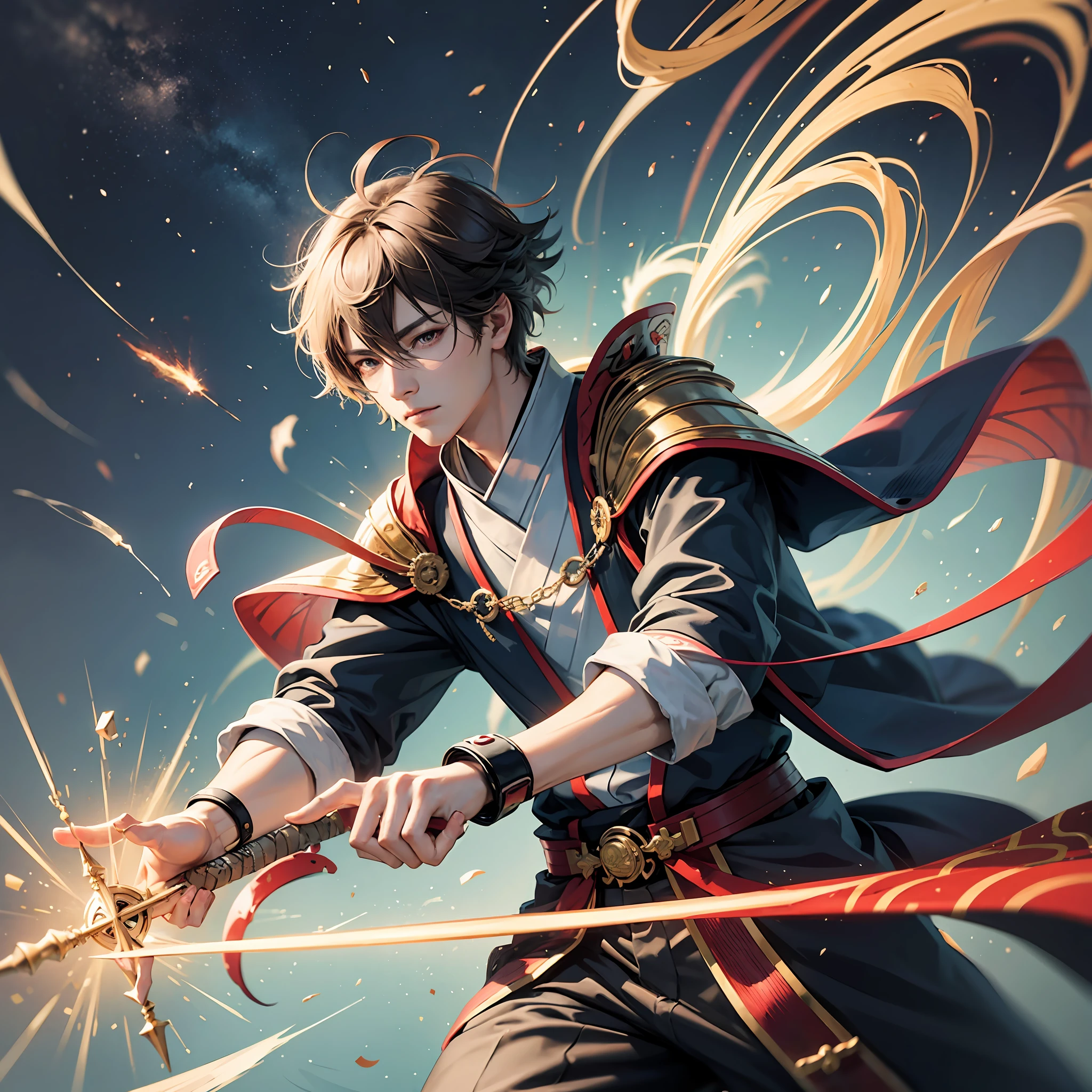 Two-dimensional anime style, Japanese, battle, boy, alone, wooden magician, holding a staff, particle effect, medium scene, 8K, astrolabe, close-up --auto --s2