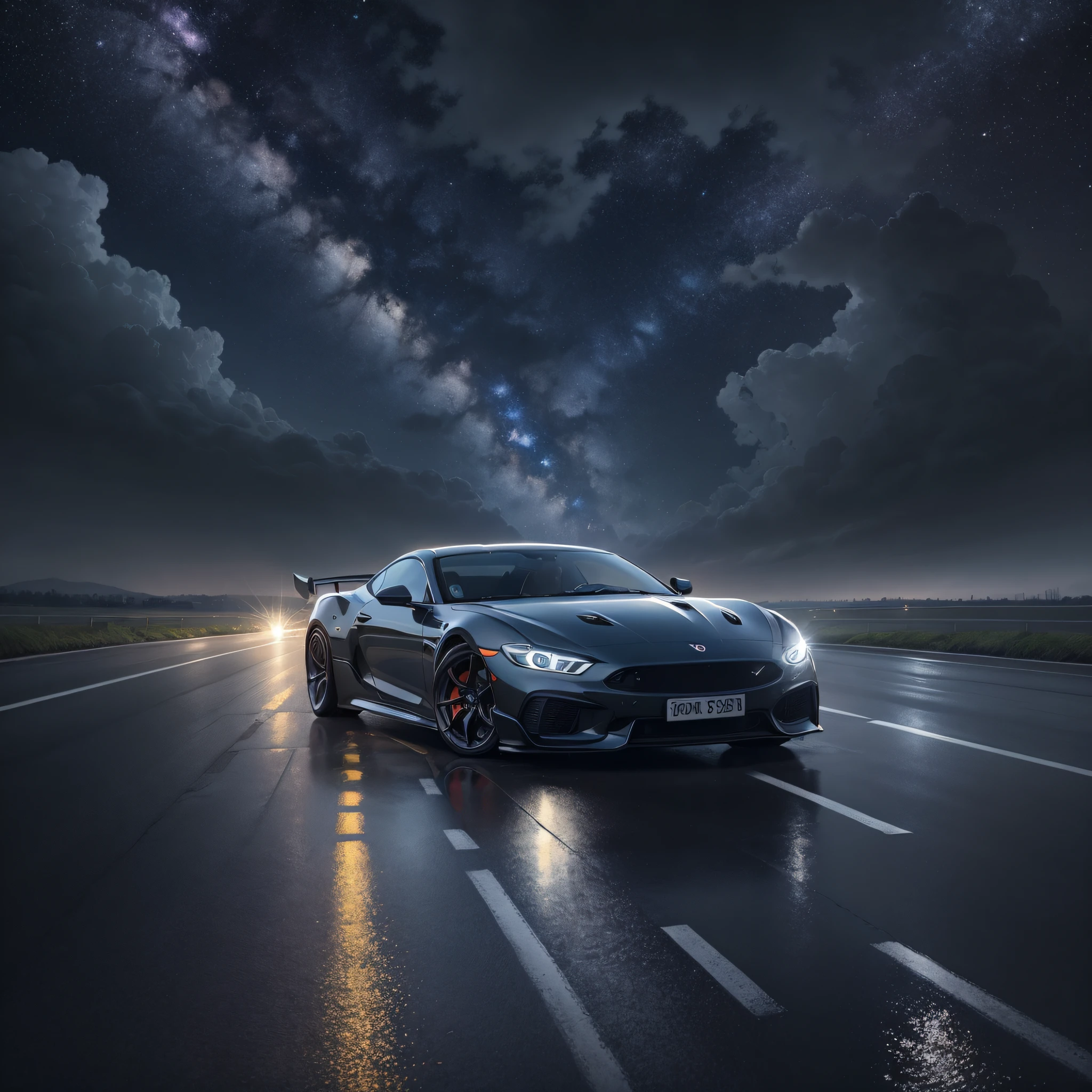 Detailed morning sky, sports car driving on rainy highway, no one, official art, best quality, body streamer, body reflective starry sky, obvious reflection, starry picture, starlight body, dreamy, black translucent