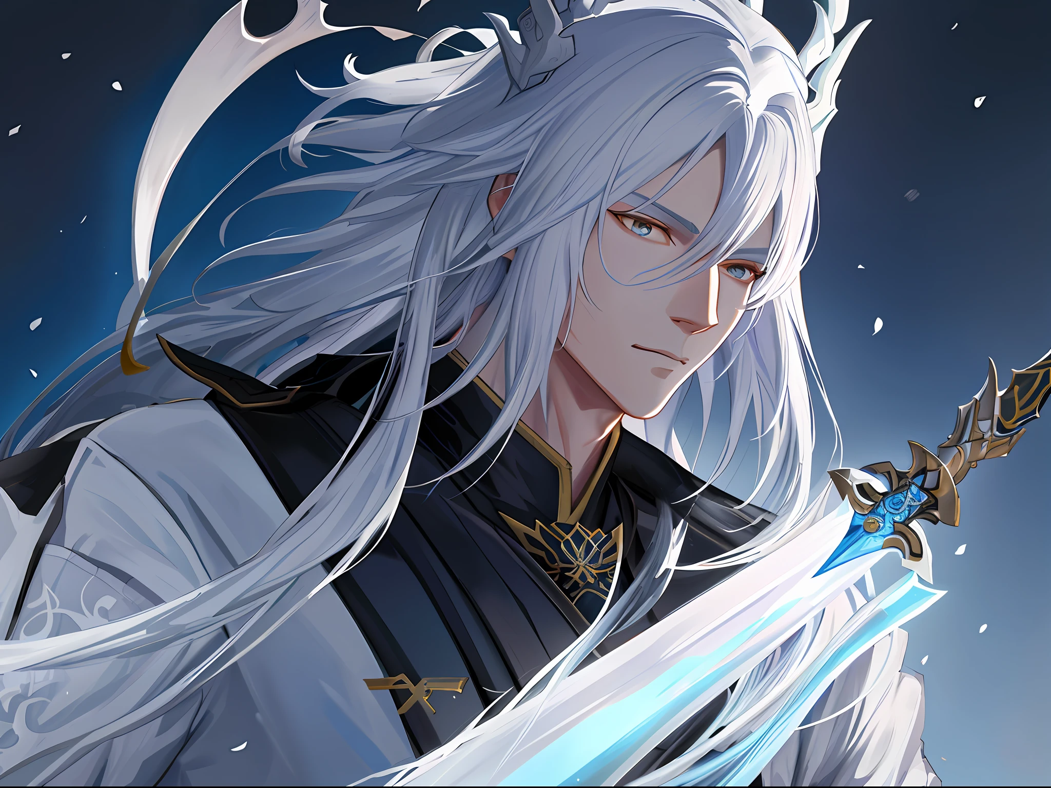a close up of a person holding a sword in the snow, handsome guy in demon slayer art, white haired deity, by Yang J, artwork in the style of guweiz, inspired by Guan Daosheng, beautiful male god of death, with long white hair, fanart best artstation, guweiz, beautiful character painting