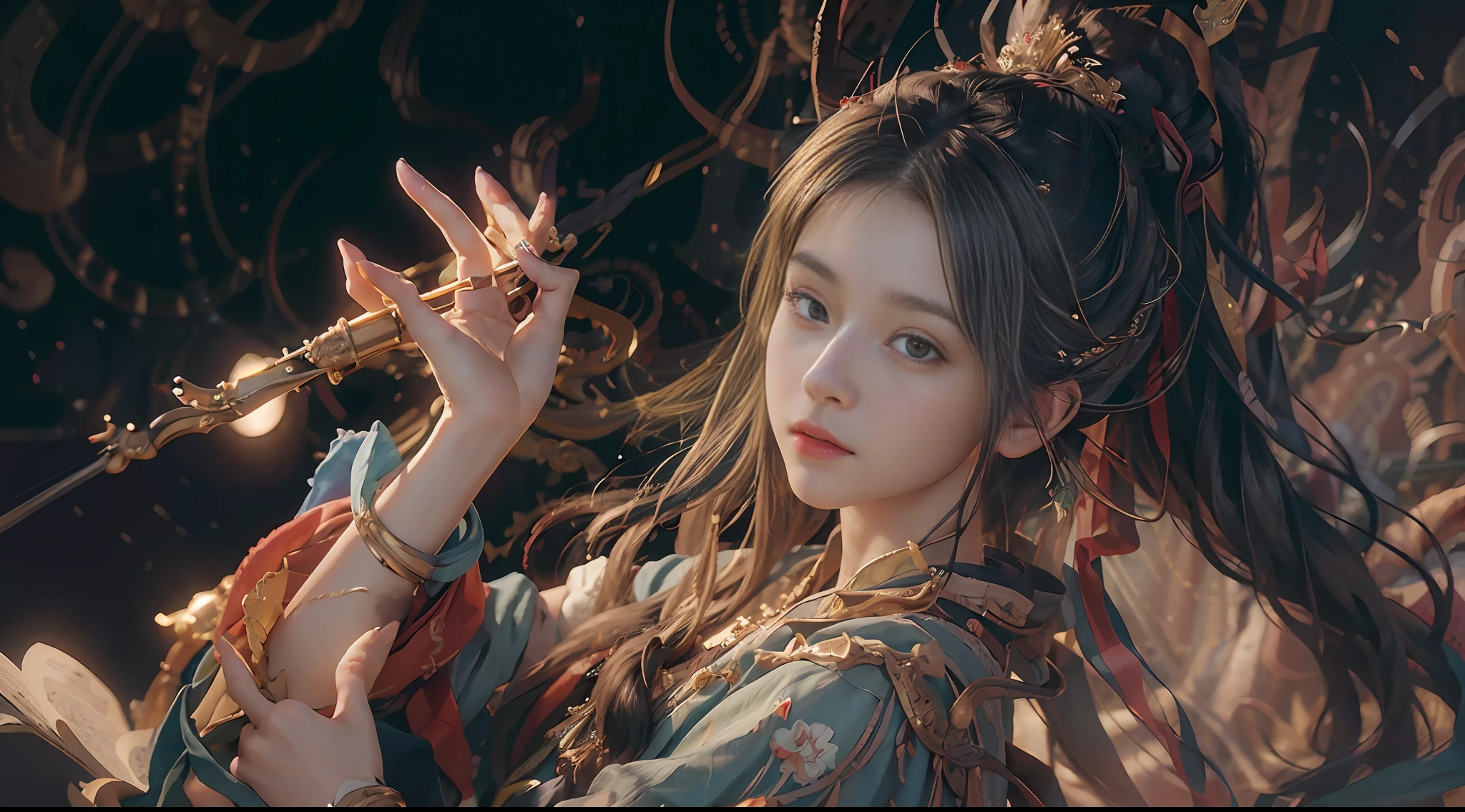 (RAW photo, best quality), (realistic, photo-realistic:1.3),best quality,highly detailed,masterpiece,ultra-detailed,illustration,1girl,upper_body,dynamic angle,world masterpiece theater,messy_long_hair,best quality,extremely detailed CG unity 8k wallpaper,ink,Amazing,cinematic lighting,lens_flare, dunhuang_style