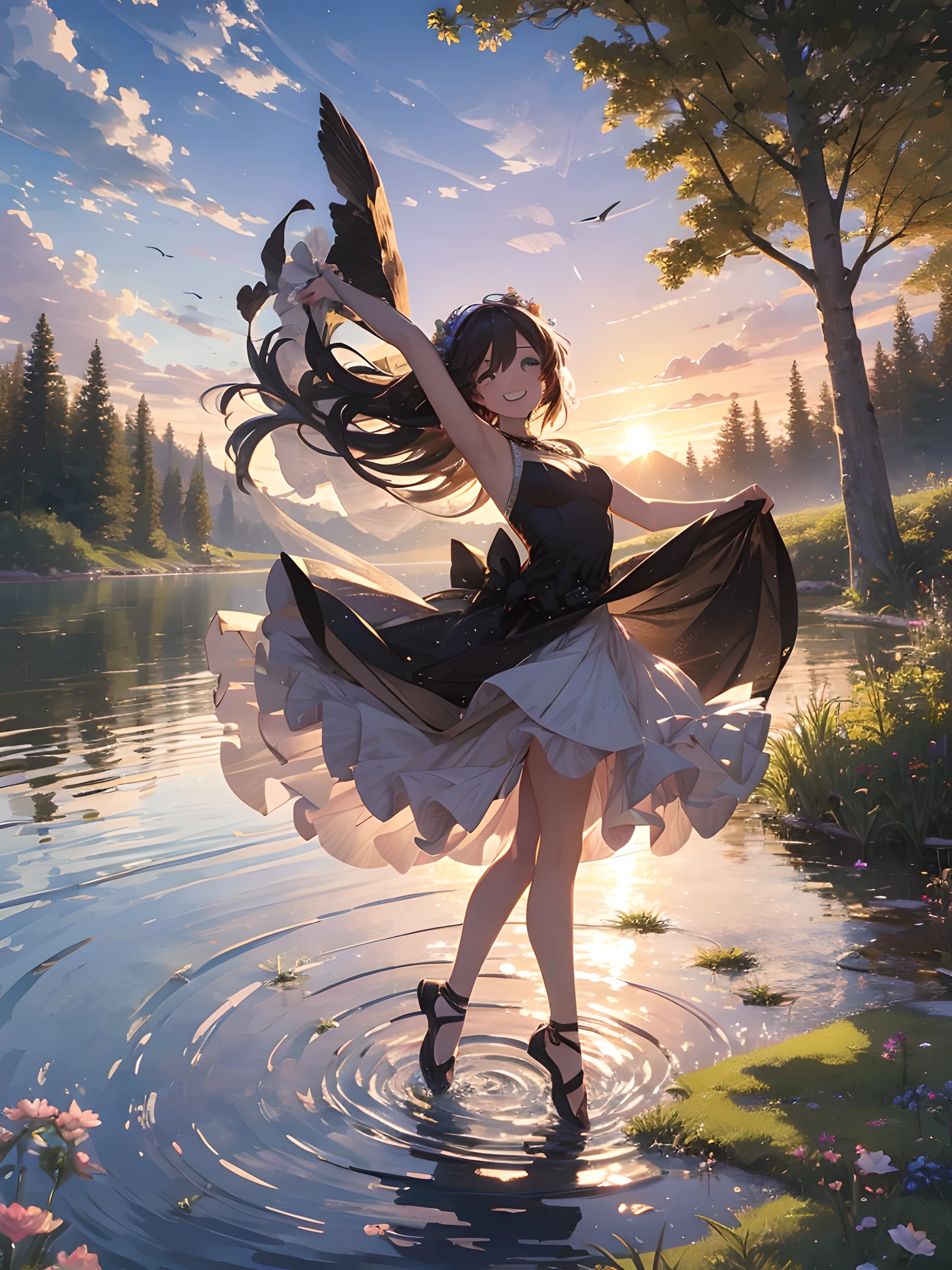 "the role of a dancer, she/her dancing on the surface of a lake, with a joyful smile on her face."
BREAK
"the theme of a dancing beauty on the lake, a spacious area surrounded by trees at the lake's edge, featuring grassy fields, trees, the reflection of light on the lake's surface, and birds fluttering."
BREAK
"an atmosphere filled with the joy and lightness of dancing in nature, utilizing a bokeh effect to enhance the protagonist."