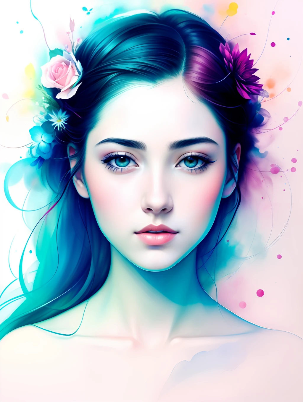 A botanical masterpiece in the style of Marco Mazzoni, detailed, hyper-realistic, front view, elemets of symbolism and surrealism, a painting by mse a attractive seductive woman by agnes cecile, luminous design, pastel colours, ink drips, spring lights, intricate design, looking to the viewer intertwined, beautiful attractive seductive woman, flowers, pastel, looking to the viewer, front view