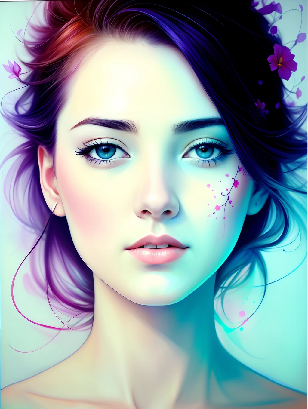 A botanical masterpiece in the style of Marco Mazzoni, detailed, hyper-realistic, front view, elemets of symbolism and surrealism, a painting by mse a attractive seductive woman by agnes cecile, luminous design, pastel colours, ink drips, spring lights, intricate design, looking to the viewer intertwined, beautiful attractive seductive woman, flowers, pastel, looking to the viewer, front view