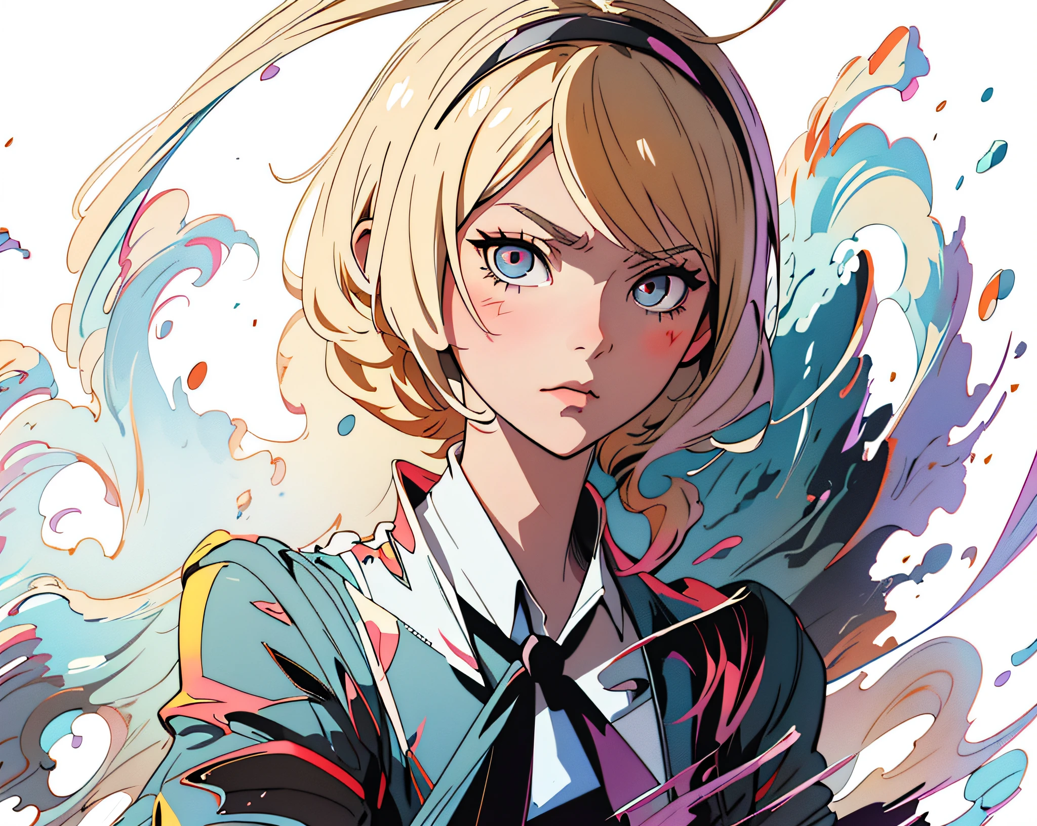 anime girl with blonde hair and black tie in front of a white background, romanticism lain, sayori, rin, neferpitou, digital art from danganronpa, stunning anime face portrait, portrait anime girl, shigenori soejima illustration, anime style portrait, hana yata, anime boy, beautiful anime portrait, guweiz