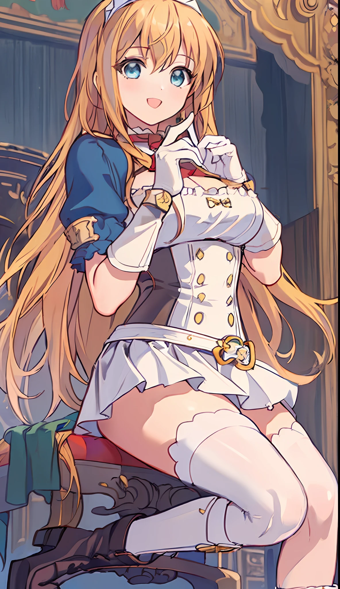 (((Masterpiece)))), (((Best Quality)))), (((Very detailed))), Precise fingers, Not too many fingers, Non-unnatural hands, Illustration, Ahoge on the top of the head, 1 girl, Solo, Golden Long Hair, Red Miniskirt, White Boots, Pecorine,