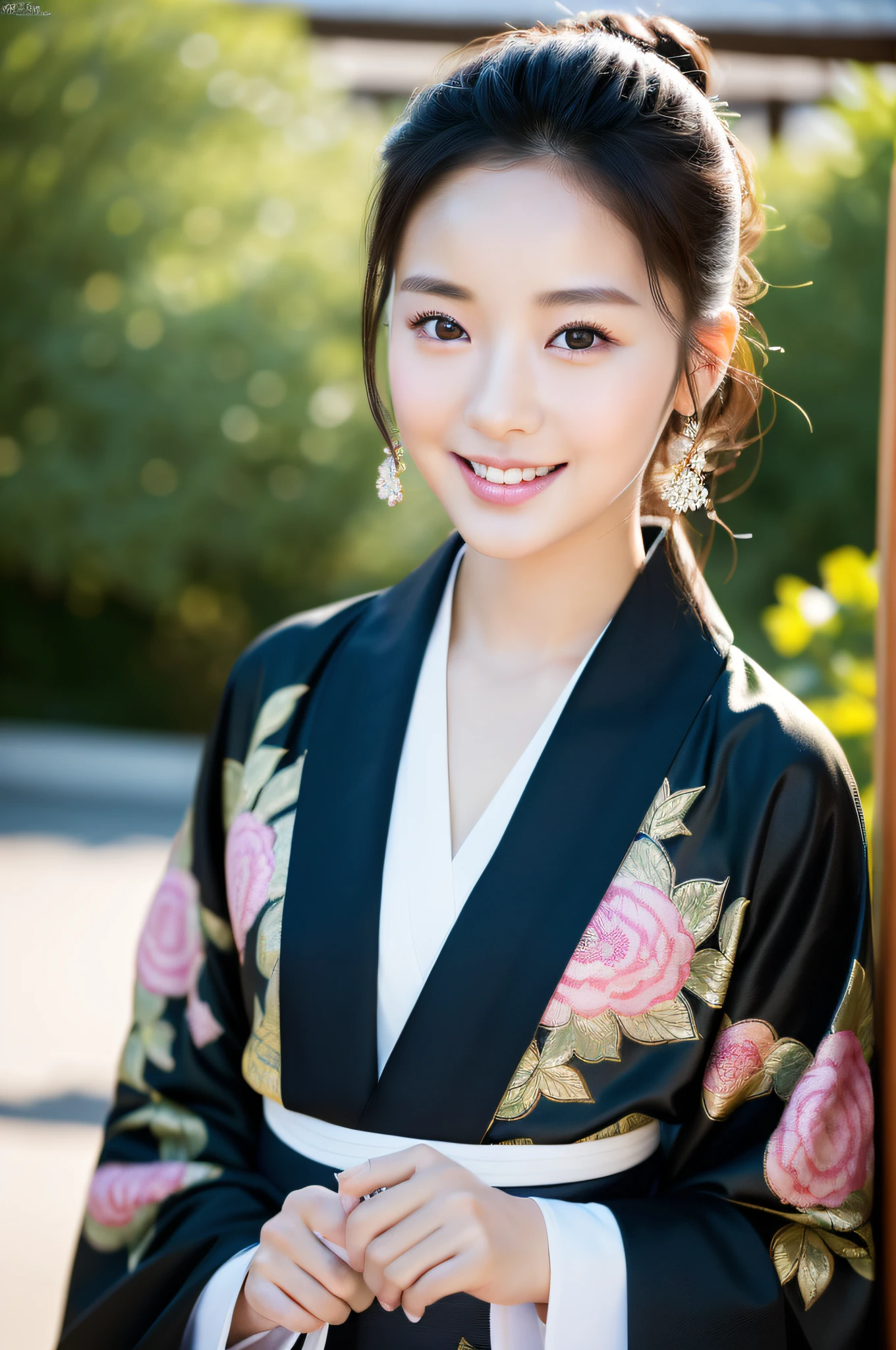 ((Top Quality, 8K, Masterpiece: 1.3)), Sharp Focus: 1.2, (Korean Cute Actress No.1), Realistic Photo (Shiny Skin), Realistic Photo, Black Hair,  Wear Kimono, Realistic Pupil, Movie Lighting, Highly Detailed Eyes and Face, Movie Lighting, Smile,