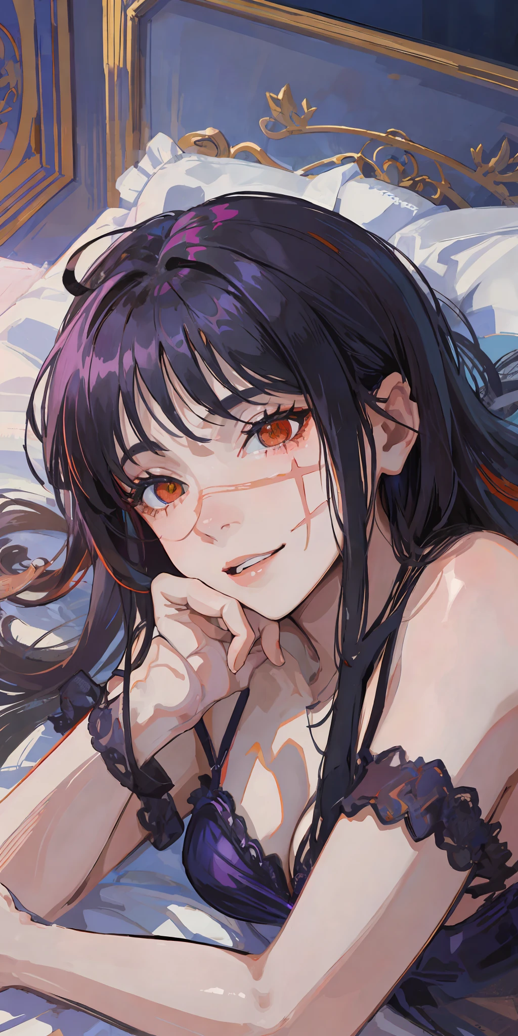 Yoru, Masterpiece, top quality, high resolution, solo, small breasts, indoors, lingerie (reach: 1.2), lying down, from above, smiling, Long stockings, bed, heavy breathing, sexual expression invite,