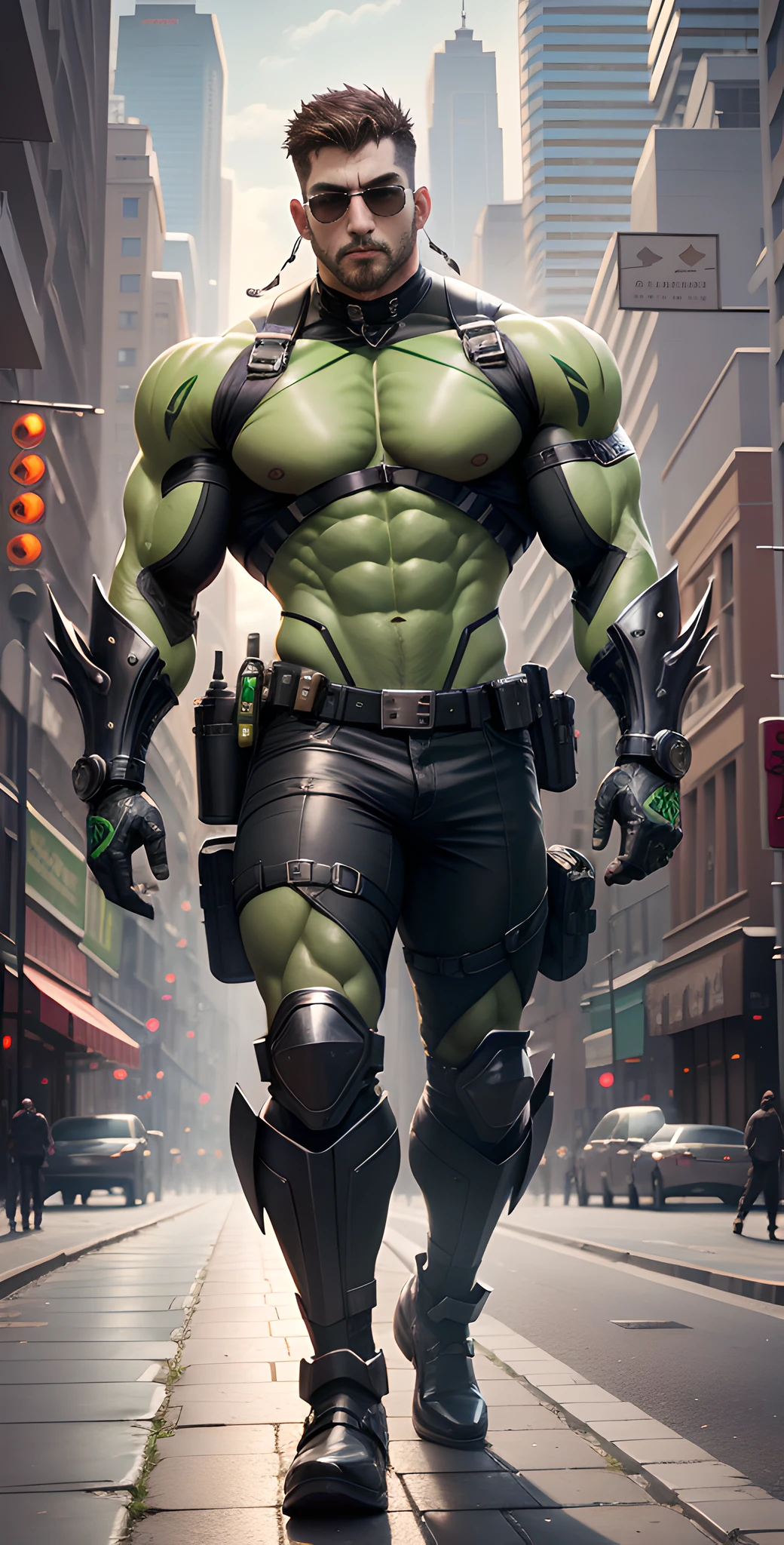 Arad man in black and green clothes standing on the city street, muscular male hero, conceptual art like Ernest Khalimov, heroic male pose, muscular! Wearing black sunglasses, cyberpunk, stealth suit, super buff and cool, high resolution committee, Chris Redfield, Jigachard muscle, Ernest Khalimov body, character design police, black army boots, charismatic strong male with armor