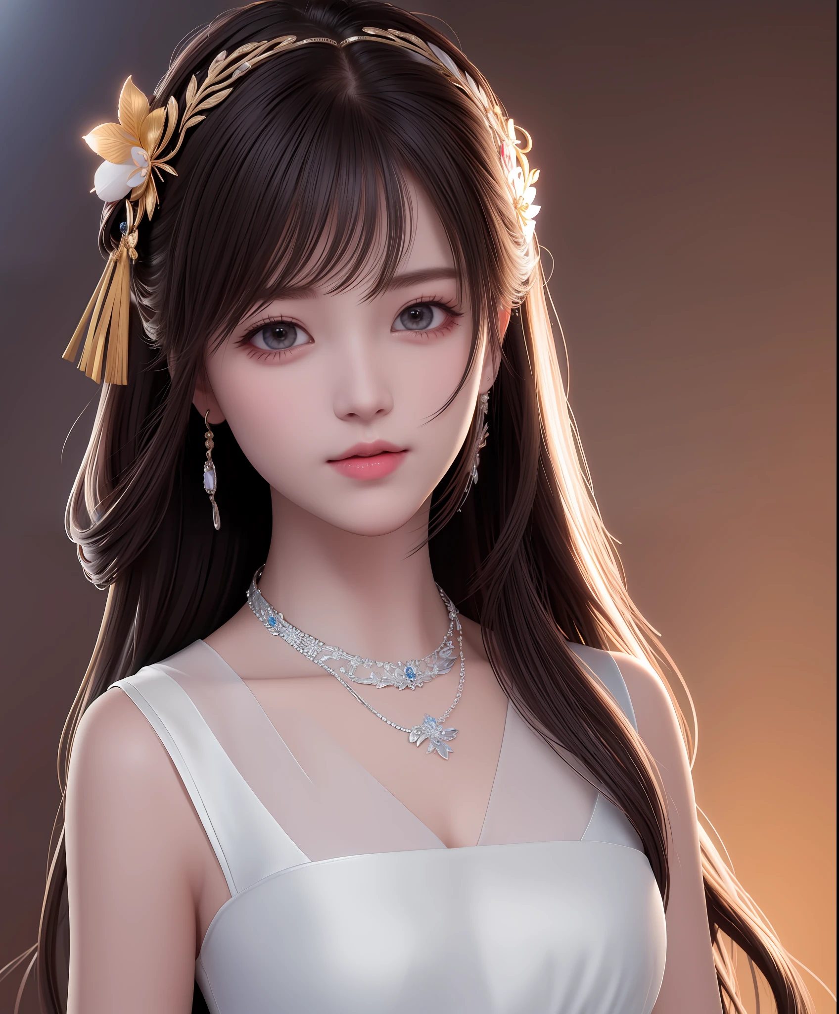 Best quality, masterpiece, high resolution, 1girl, porcelain dress, hair accessories, necklace, jewelry, beautiful face, on the body, Tyndall effect, realistic, dark studio, edge lighting, two-tone lighting, (high detail skin: 1.2), 8k UHD, dslr, soft light, high quality, volumetric light, candid, photo, high resolution, 4k, 8k, background blur,