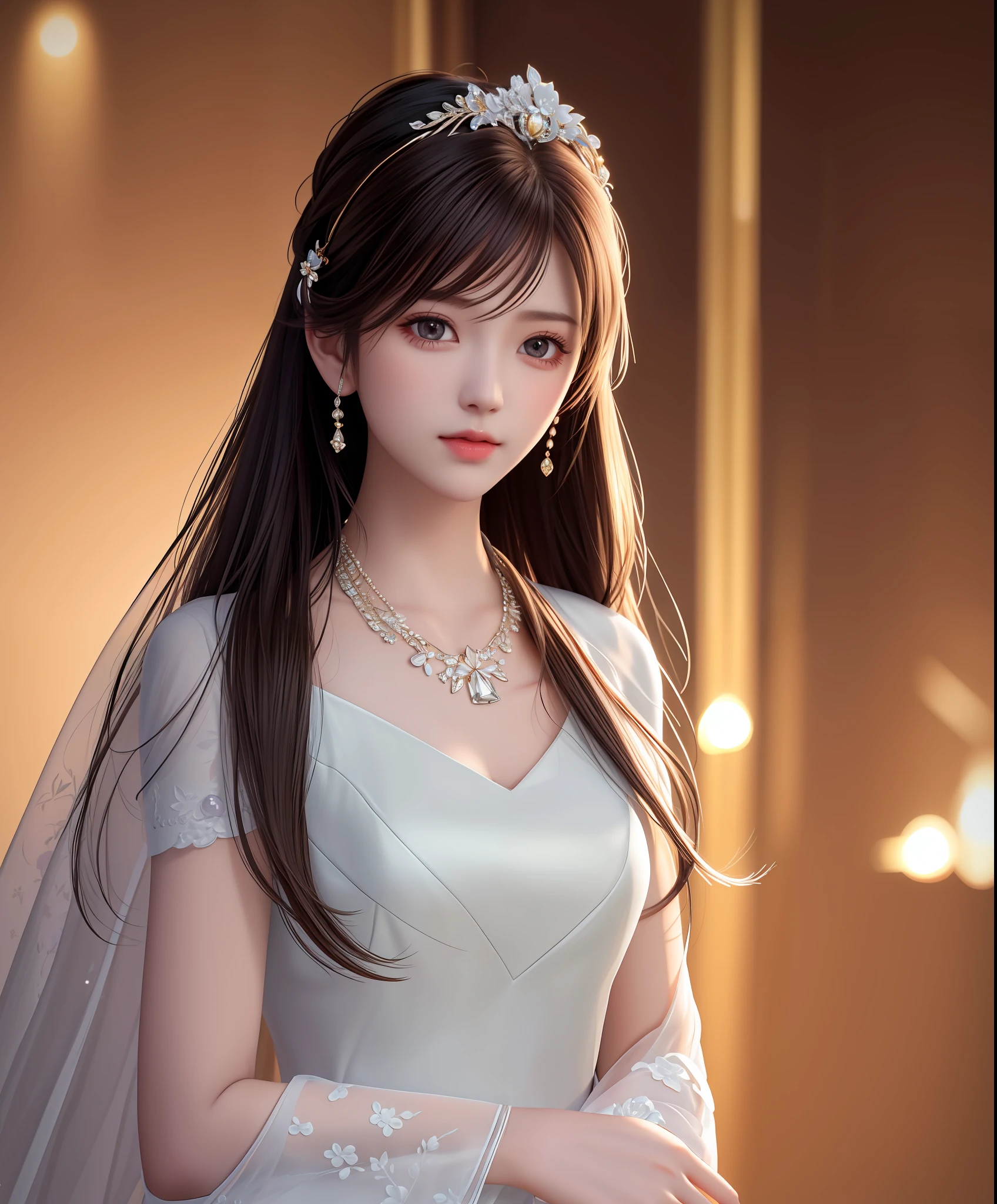 Best quality, masterpiece, high resolution, 1girl, porcelain dress, hair accessories, necklace, jewelry, beautiful face, on the body, Tyndall effect, realistic, dark studio, edge lighting, two-tone lighting, (high detail skin: 1.2), 8k UHD, dslr, soft light, high quality, volumetric light, candid, photo, high resolution, 4k, 8k, background blur,