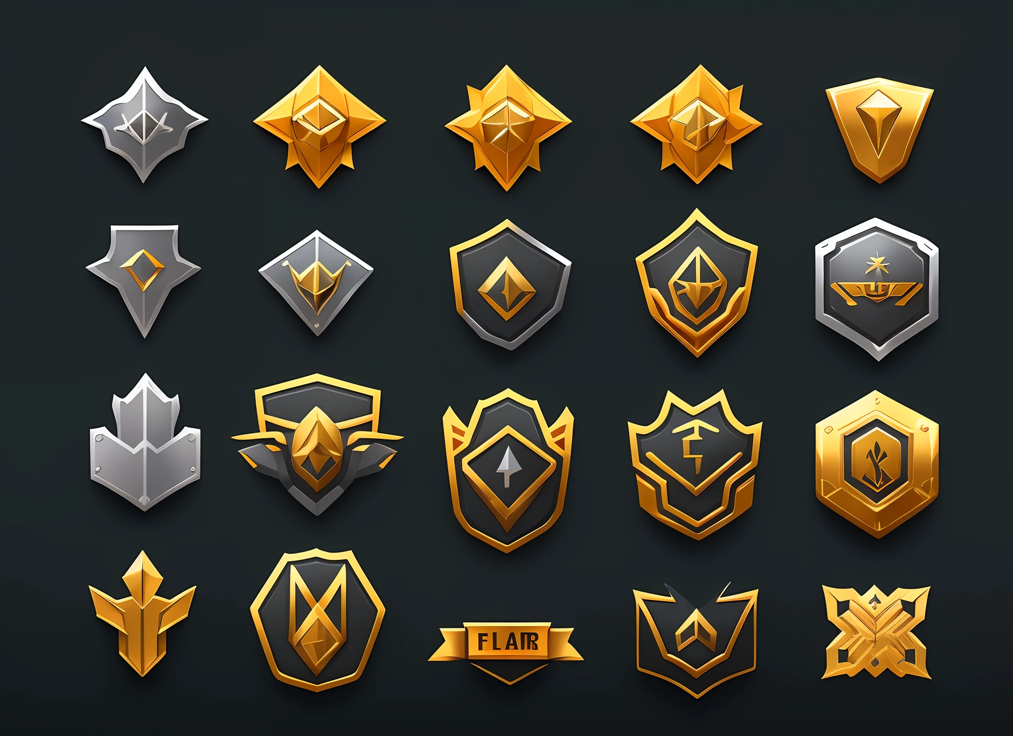 A set of flat badges in different colors, game icon assets, gold and silver shapes, game icon stylization, brave style, gold and silver elements, stylized layered shapes, military badges, game icons, Overwatch designs, game assets, medallions, holographic runes, close-ups of game design resource packs --auto --s2