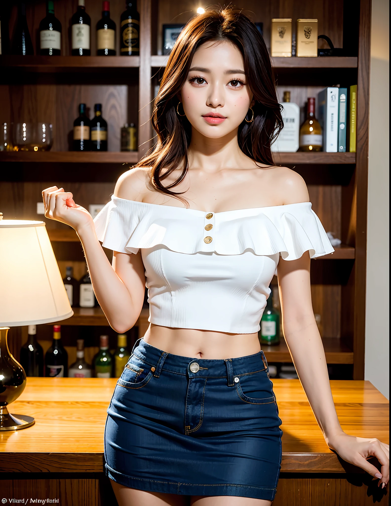 (8k, RAW photos,Best quality, High Resolution:1.1), (Hyperrealistic:1.4),(Realistic, Photorealistic:1.3), Soft light,Realistic face,Realistic body,Realistic skin,Absurdity,Masterpiece,(Cute:1.8),(Big:1.2),(Very dark lip gloss,So many eyelashes),Teardrop,Smile,Double Teeth,Open Lips,Provocative Expression ,blusher,good style,standing,welcome home smile,white t-shirt、off-the-shoulder、chest fluttering,mini skirt,deep slit,beautiful legs,cinema lights,film grain,closeup,look viewer,full body,depth of field,blurred background,eye focus,young,85mm lens, f/1.4,professional lighting,portrait,photon mapping, radiosity, physically based rendering, transparency, k-pop idol, tzuyu, night, mansion living room, whiskey shelf on wall, scotch whiskey on shelf, bar counter