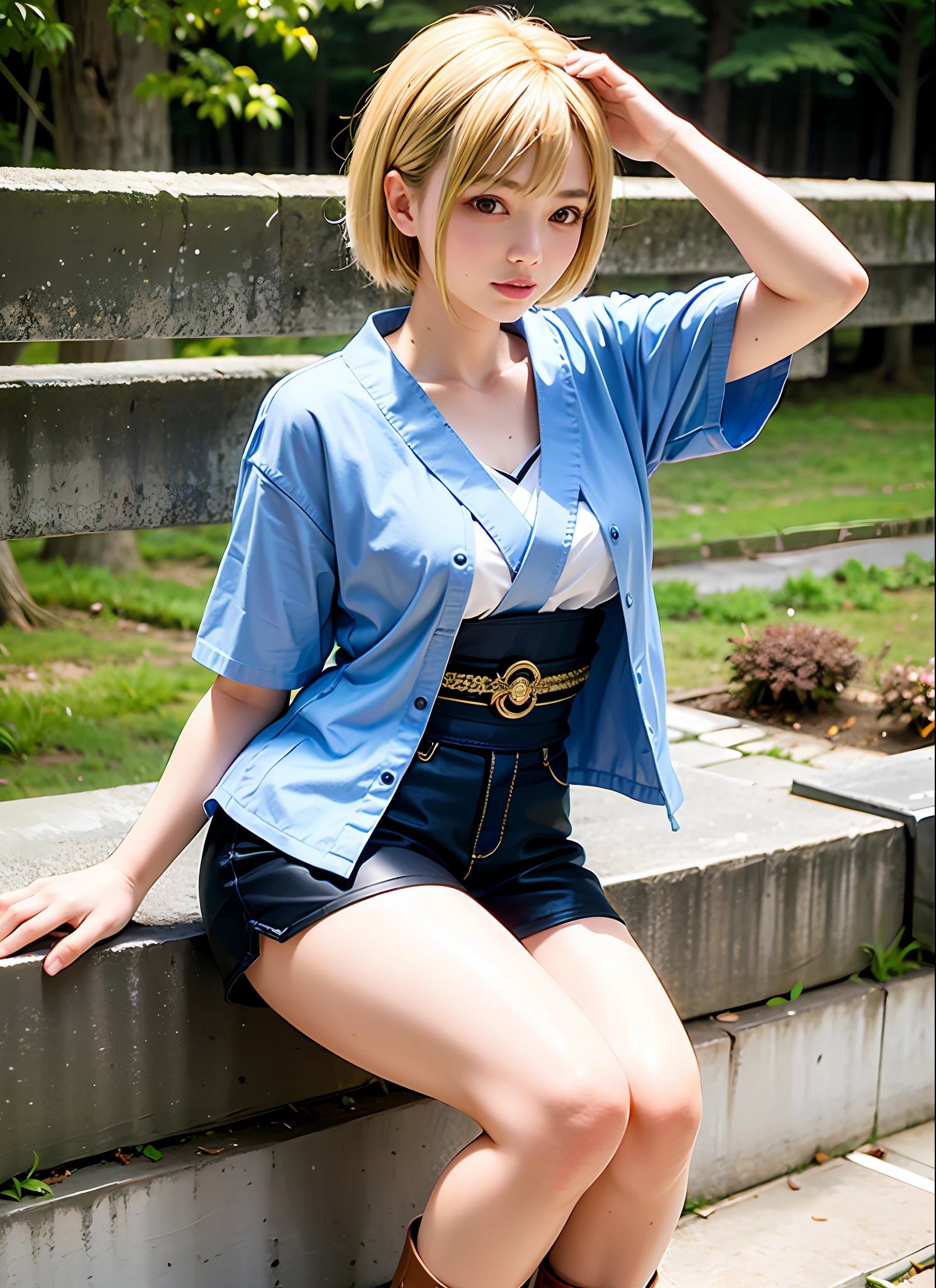 masterpiece, top quality, beauties, one, slender, cute, sexy, shorts, low rise, short boots, blonde, Japan,