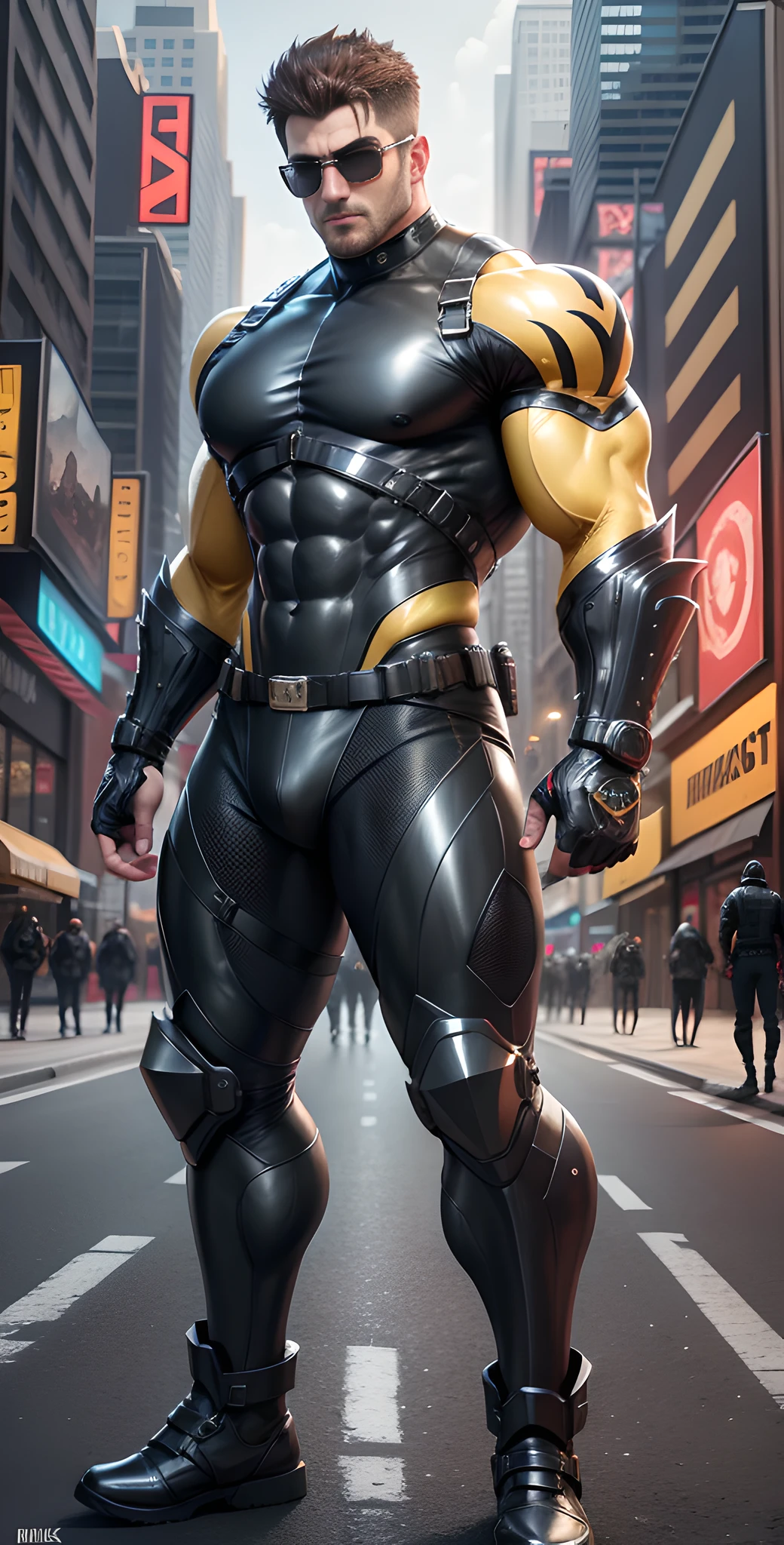 Arad man in black and yellow clothes standing on the city street, muscular male hero, conceptual art like Ernest Khalimov, heroic male pose, muscular! Wearing black sunglasses, tech-savvy helmet, cyberpunk, stealth suit, super buff and cool, high resolution committee, Chris Redfield, Jigachard muscle, Ernest Klimov body, character design police, black military boots, charismatic strong male with armor