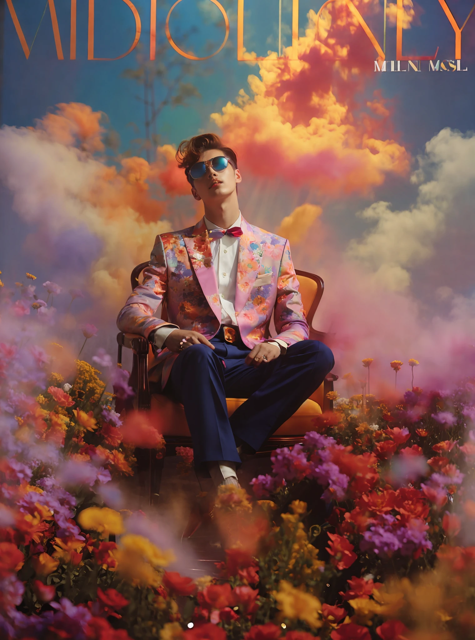a man sitting in a chair in a field of flowers, wearing a colorful men's suit, cai xukun, inspired by David LaChapelle, maximalist fashion, gucci poster, perfect maximalistic composition, guccimaze, official, gucci clothes, official vuitton editorial, album art, photo in style of tyler mitchell, high quality image, inspired by Peter Alexander Hay