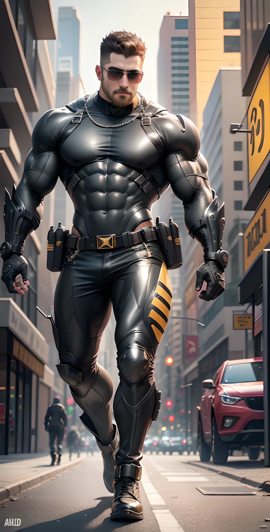 Arad man in black and yellow clothes standing on the city street, muscular male hero, conceptual art like Ernest Khalimov, heroic male pose, muscular! Wearing black sunglasses, a tech-savvy helmet on his head, cyberpunk, stealth suit, super buff and cool, high resolution committee, Chris Redfield, Jigachard muscle, Ernest Klimov body, character design police, black military boots, charismatic strong male with armor