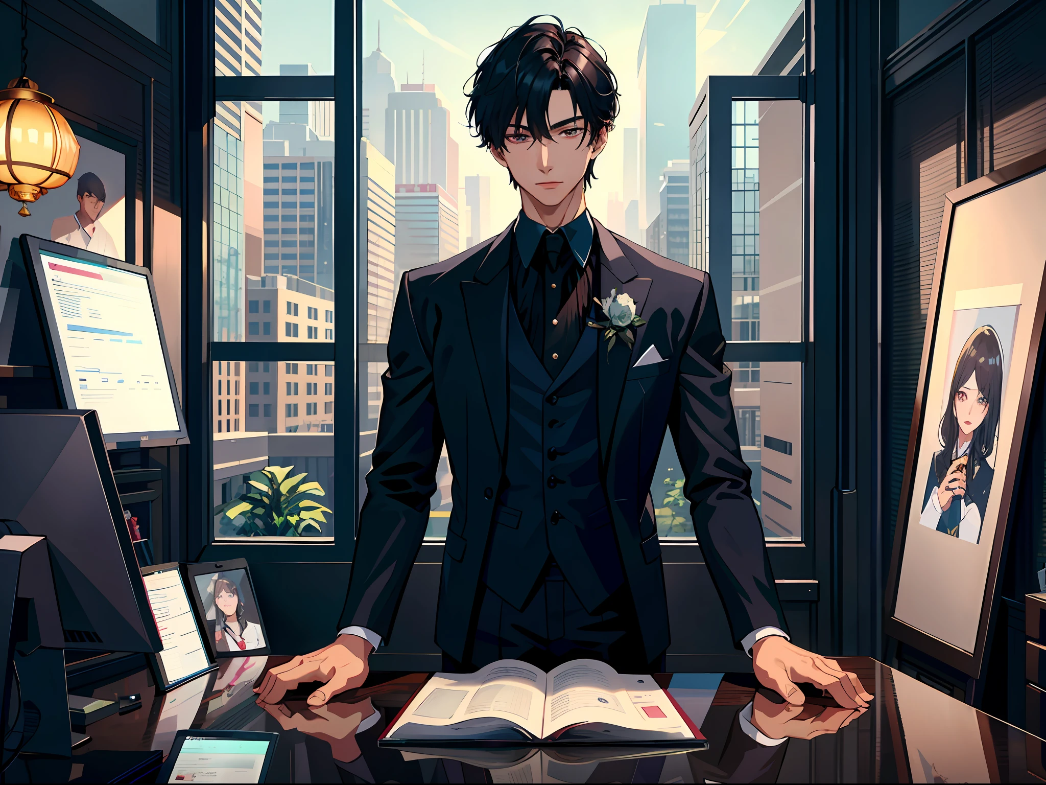 High resolution, highest quality, illustration, super detailed, (detailed face), (detailed eyes), a handsome Chinese young man in a black suit in a luxurious office, standing in front of a floor-to-ceiling window looking out, holding a cell phone in the middle of a call, behind him stands a female secretary