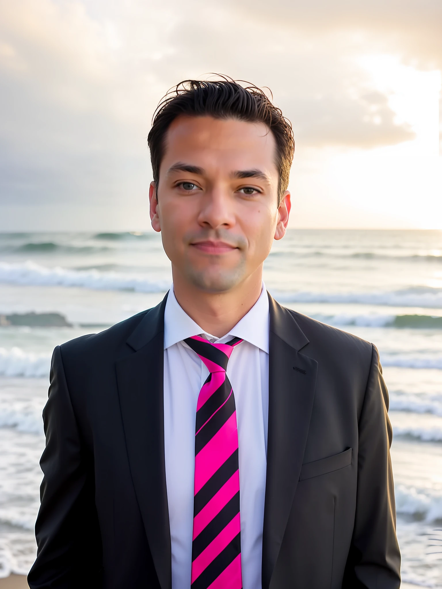 arafed man in a suit and pink tie standing on the beach, portrait of a man in a suit, near the beach, sun set, handsome man, sun behind him, looking towards the camera. arafed man standing on the beach with his hands in his pockets, , handsome the sea and storms behind him, profile shot, fan art. Middle smile. [Right side haircut]. black and white photo of 42 year old man in black clothes, black hair, face, half body, body, highly detailed skin, skin pores, coastline, cloudy weather, wind, waves, 8k uhd, Dslr, soft lighting, high quality, film grain, Fujifilm XT3