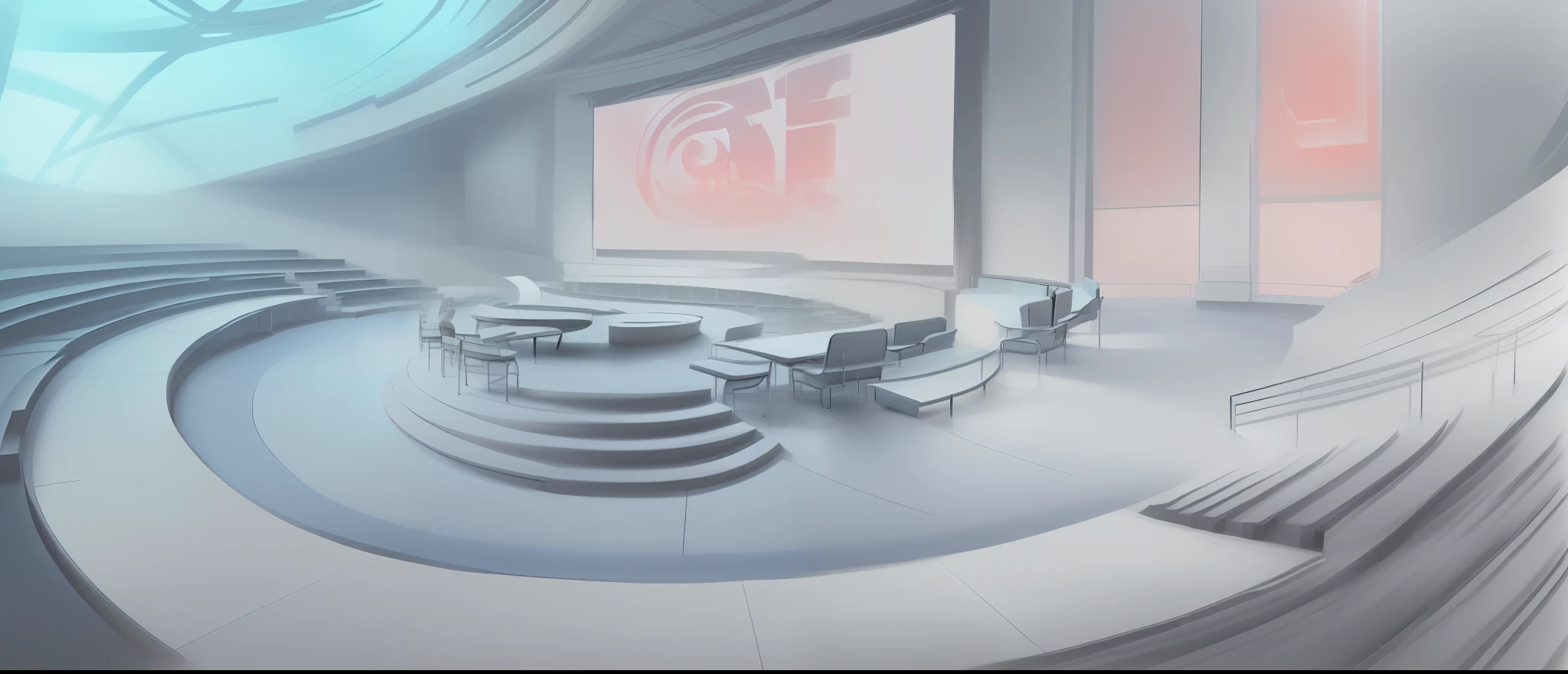 3D. computer painting, conceptual illustration, speed painting, concept art archillect, futuristic environment, futuristic painting, digital sketch, amphitheater inside, lecture hall with rounded huge window, paradise, sofa and stage in the middle, podium, yin-yang sign on the podium, SI logo, medical chairs couches on the podium, center yin-yang sign, steps, in the background projector with logos, posters on the walls, projector in the lecture fantasy auditorium, Soft seats with a strong inclination for rest and relaxation, a paradise for, a paradise for love.