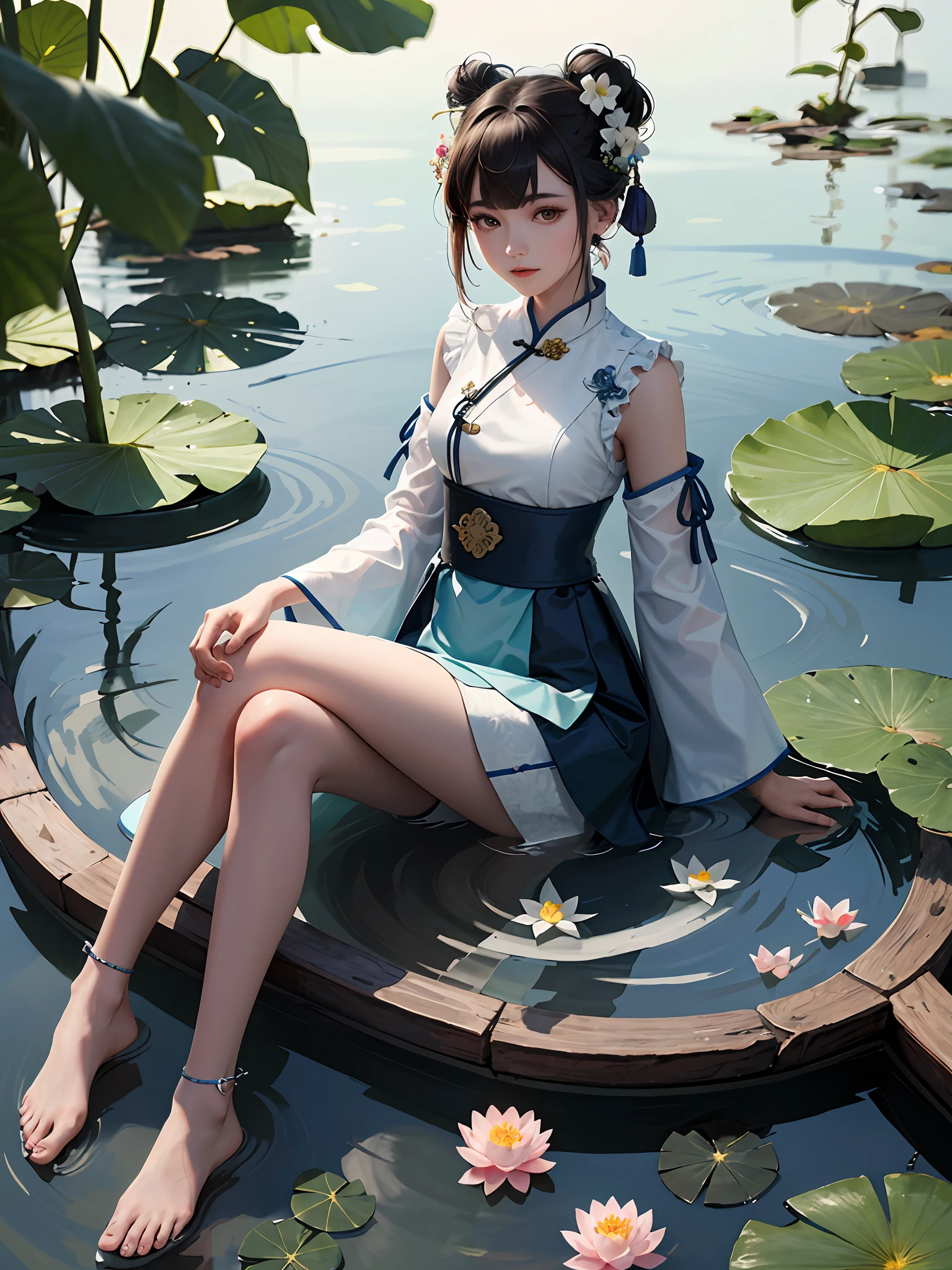 Absurd, high resolution, super detailed, (1 girl: 1.3), hand drawn, simple lines, 16 year old girl in colorful Chinese hanfu, long skirt, beautiful girl with rabbit ears, in lotus pond, masterpiece, sitting in water, floating clothes, floating hair, next to red-crowned crane, koi