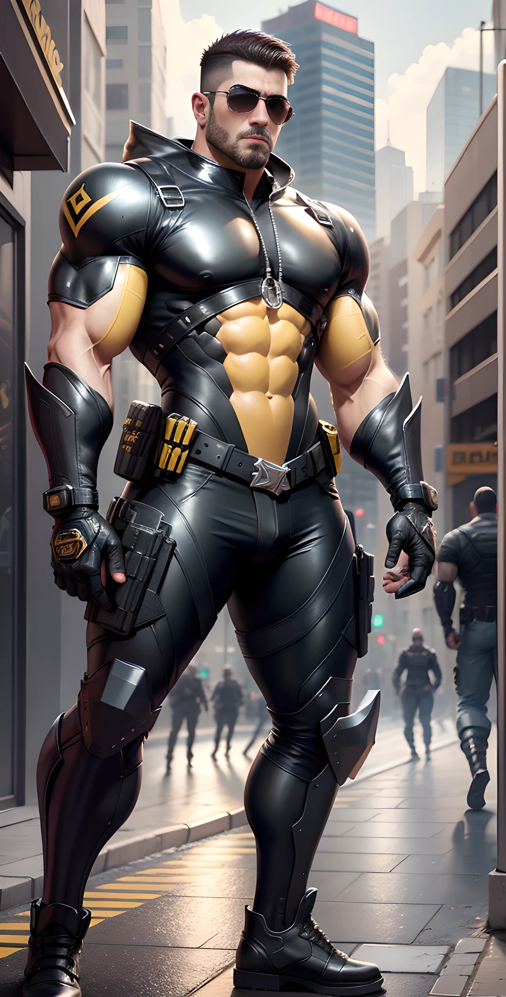 Arad man in black and yellow clothes standing on the streets of an uninhabited city, muscular male hero, conceptual art like Ernest Khalimov, heroic male pose, muscular! Wearing black sunglasses, round head Buzz Cut, cyberpunk, stealth suit, super buff and cool, high resolution committee, Chris Redfield, Jigachard muscle, Ernest Khalimov body, character design police, black military boots, charismatic strong male with armor