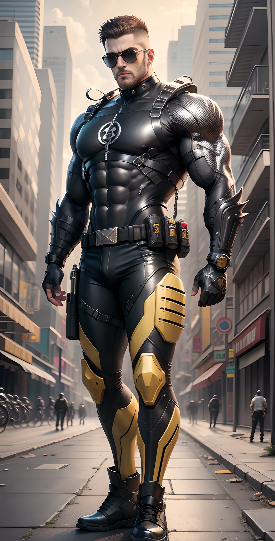 Arad man in black and yellow clothes standing in abandoned city streets, muscular male heroes, conceptual art like Ernest Khalimov, heroic male pose, muscular! Wearing black sunglasses, round head Buzz Cut, cyberpunk, stealth suit, super buff and cool, high resolution committee, Chris Redfield, Jigachard muscle, Ernest Khalimov body, character design police, black military boots, charismatic strong male with armor