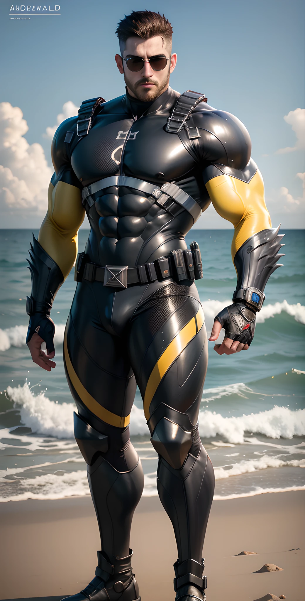 Arad man in black and yellow clothes standing by the sunny sea, muscular male hero, conceptual art like Ernest Khalimov, heroic male pose, muscular! Wearing black sunglasses, round head Buzz Cut, cyberpunk, stealth suit, super buff and cool, high resolution committee, Chris Redfield, Jigachard muscle, Ernest Khalimov body, character design police, black military boots, charismatic strong male with armor
