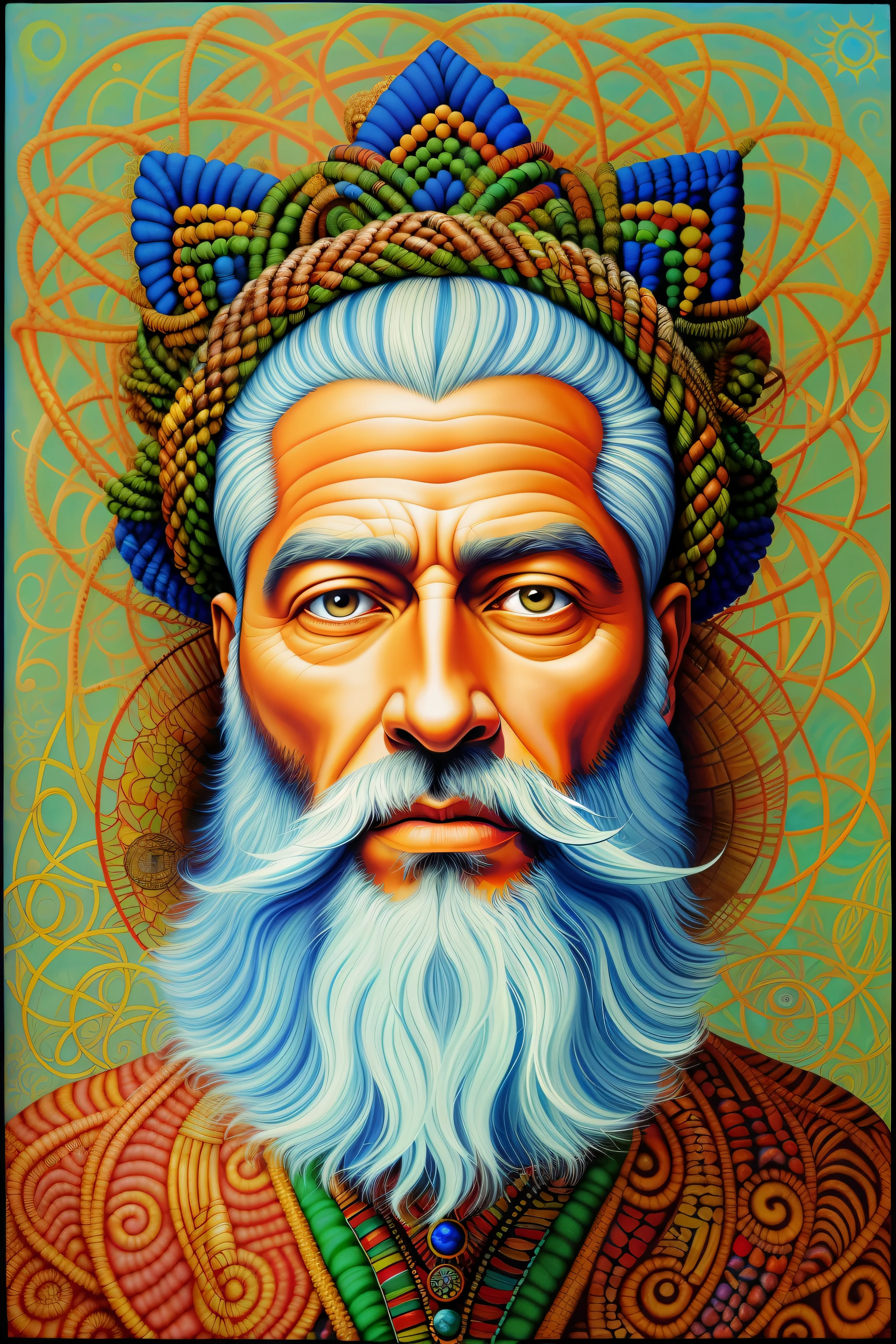 painting of a man with a beard and a white beard, by Mati Klarwein, kemetic, inspired by Mati Klarwein, inspired by Ras Akyem, afrocentric mysticism, ayahuasca shaman, dmt god, the ayahuasca spirit, psychedelic organic shaman, visionary art, raggae art, mati klarwein and moebius