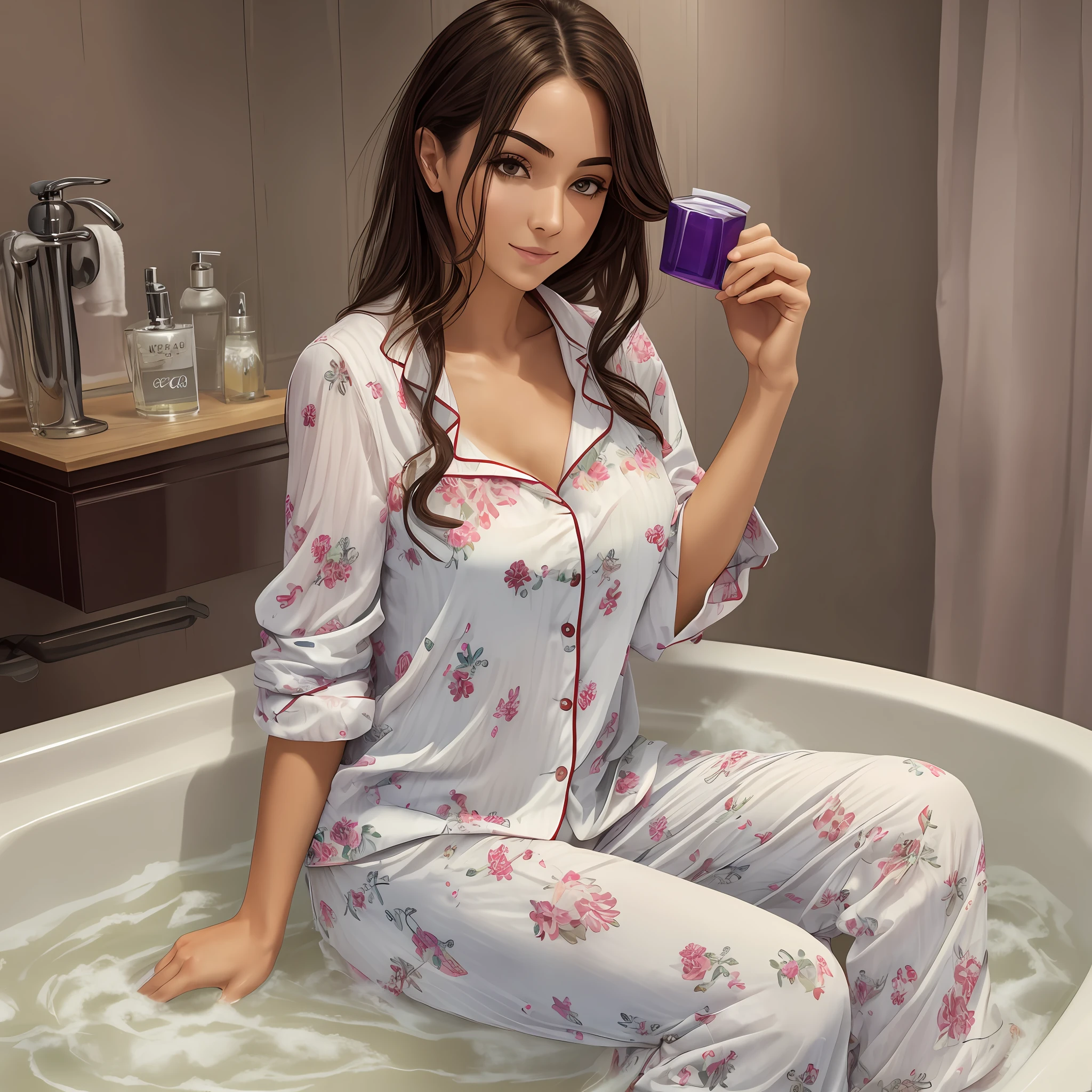 Woman coming out of the bath, wearing pajama pants and casual blouse, natural tone, exuding fresh fragrance.