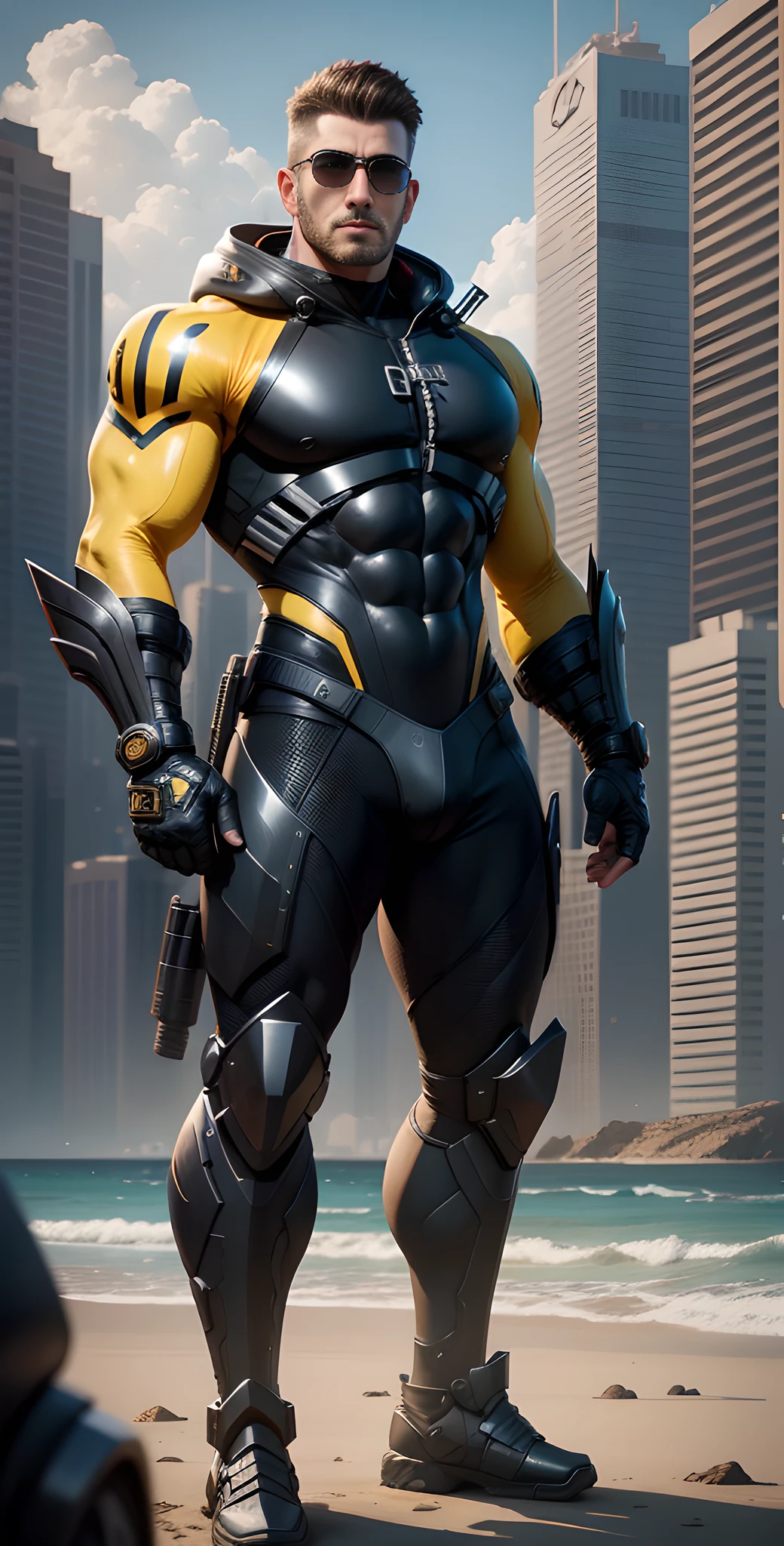 Arad man in black and yellow clothes standing on sunny beach, muscular male hero, conceptual art like Ernest Khalimov, heroic male pose, muscular! Wearing black sunglasses, round head Buzz Cut, cyberpunk, stealth suit, super buff and cool, high resolution committee, Chris Redfield, Jigachard muscle, Ernest Khalimov body, character design police, black military boots, charismatic strong male with armor