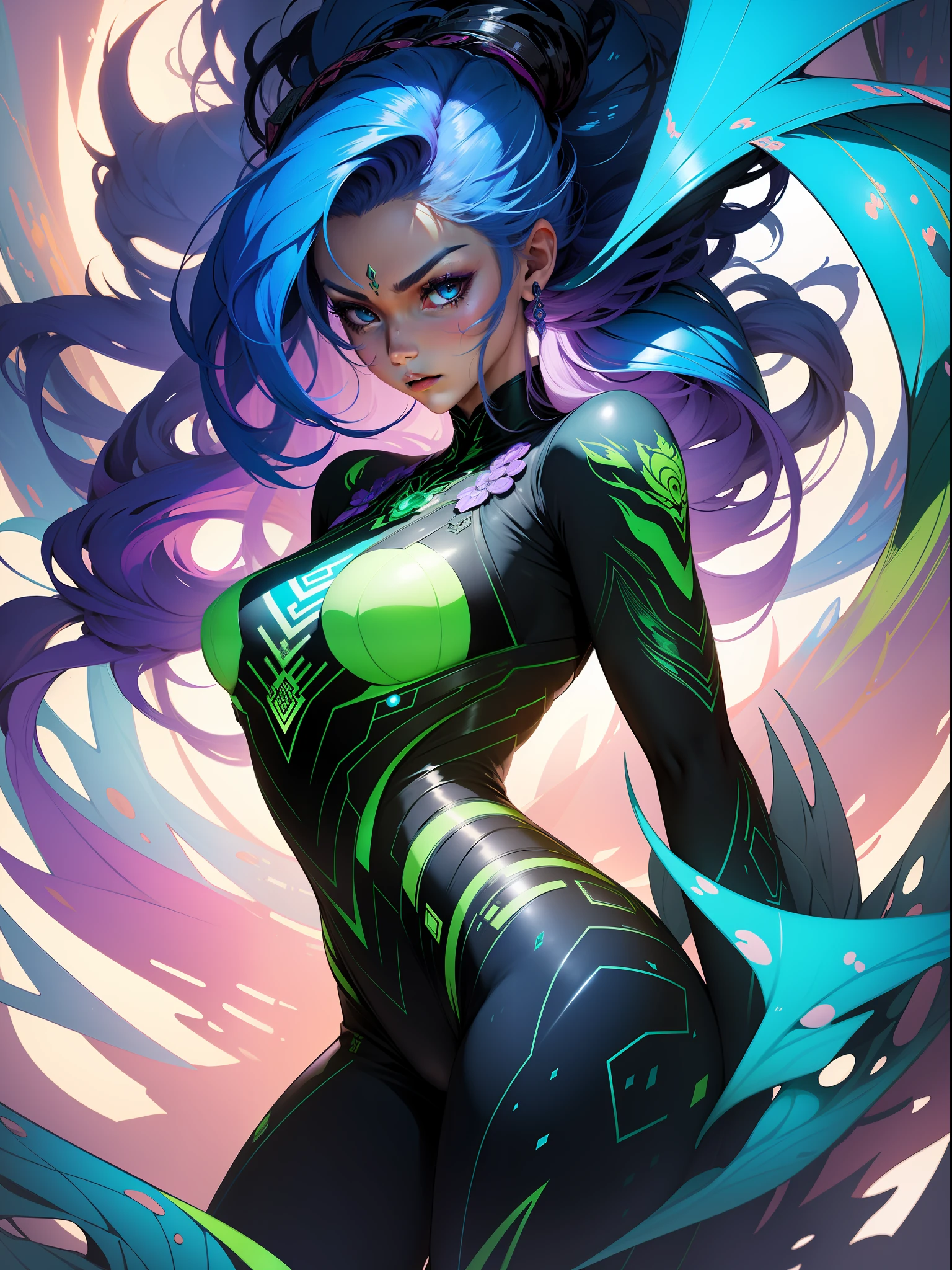 stunning digital illustration of a female character, in the characteristic drawing style of illustrator Toh-Yasu. The character is a beautiful and enigmatic warrior, whose sticky clothes are inspired by the sinuous shapes of a futuristic dragon, with details reminiscent of tattoos.

The character is featured in the center of the image, with a serious and determined countenance. His eyes express a deep, piercing intensity. Her hair, in vibrant hues, falls fluidly and wildly around her face, adding a touch of mystery to her persona.

Their sticky clothes are made of a technological material that mimics the appearance of dragon tattoos, wrapping their body with intricate lines and geometric details. Vibrant colors such as an electric blue, a shimmering green, and an intense purple bring this elegant armor to life.