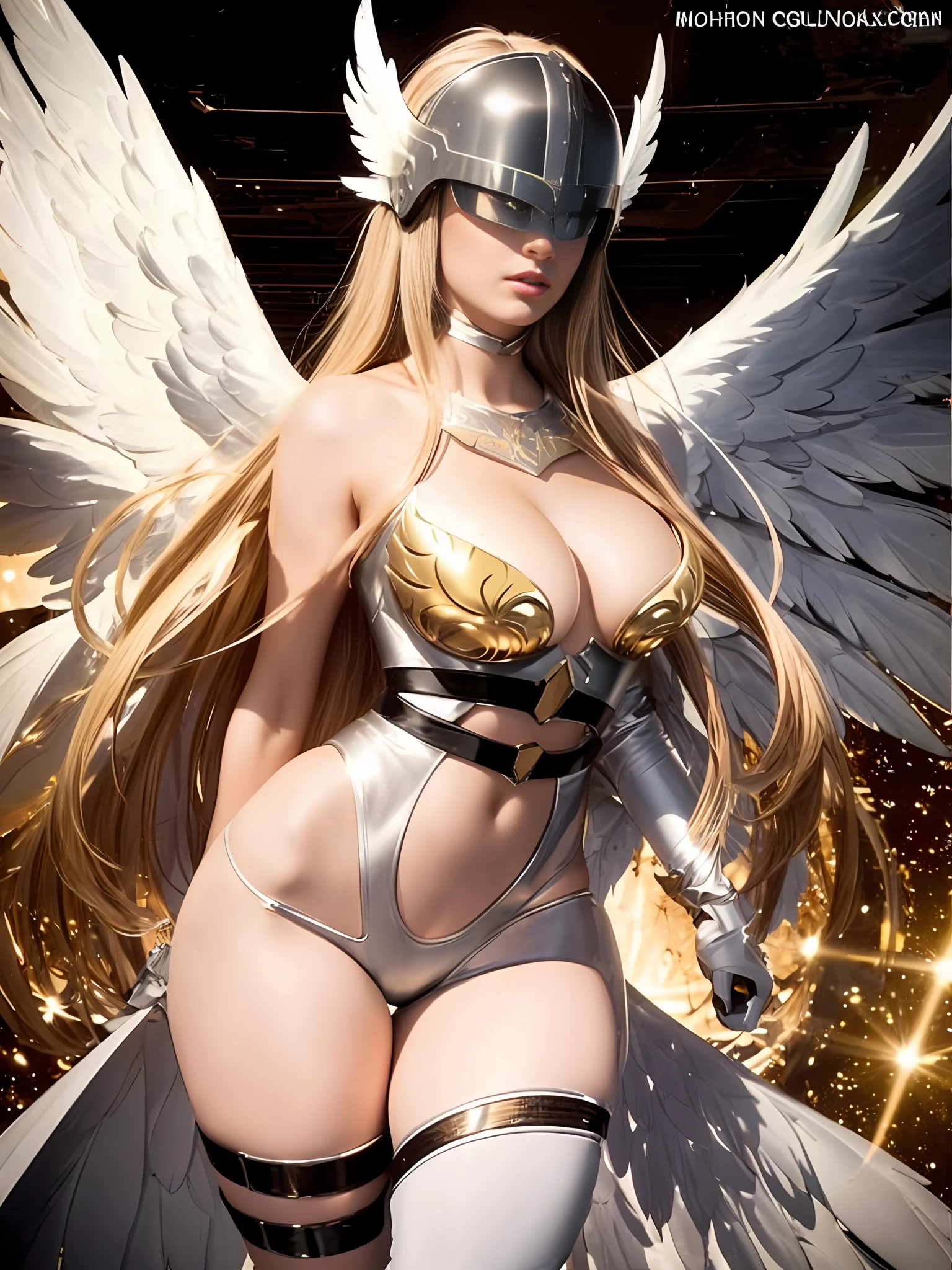 4K, sexy woman, muscular body, long hair, metallic suit, helmet on face, angel wings.
