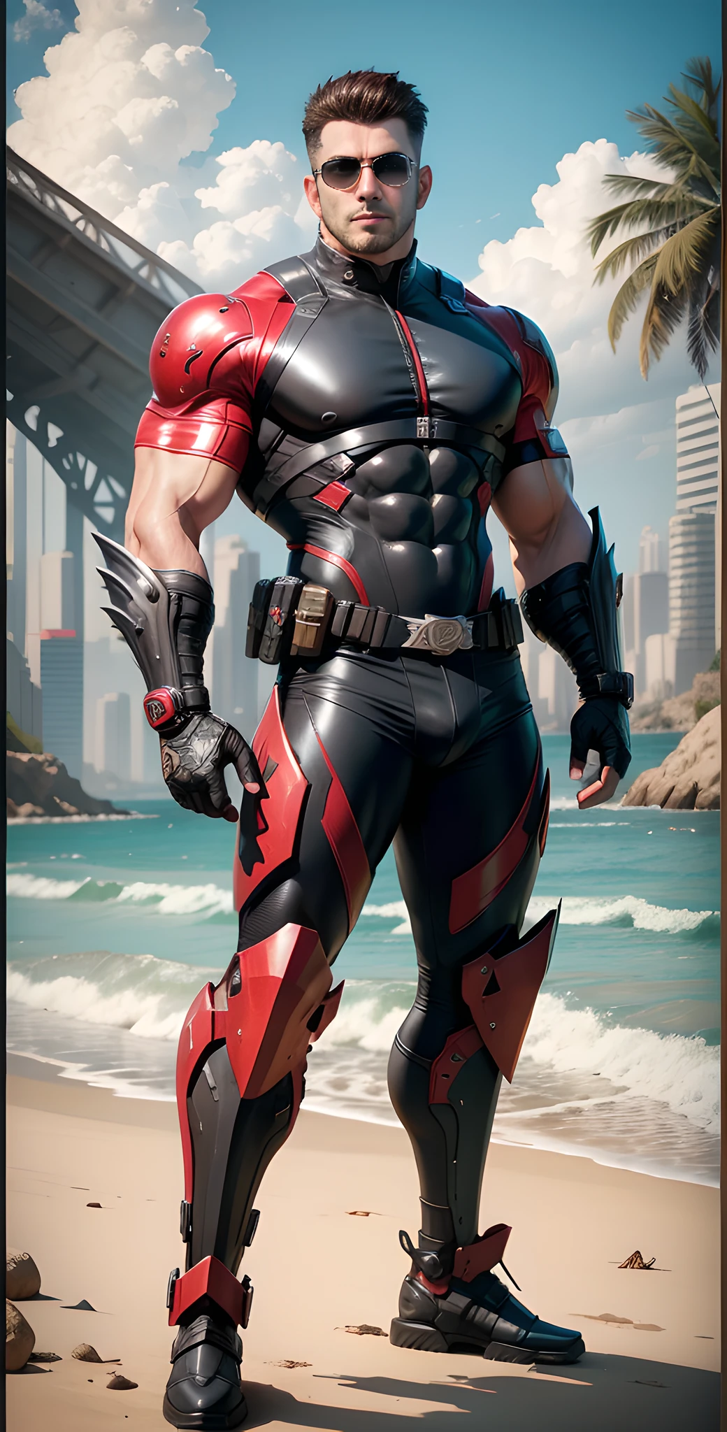 Arad man in red and black clothes standing on sunny beach, muscular male hero, conceptual art like Ernest Khalimov, heroic male pose, muscular! Wearing black sunglasses, round head Buzz Cut, cyberpunk, stealth suit, super buff and cool, high resolution committee, Chris Redfield, Jigachard muscle, Ernest Khalimov body, character design police, black military boots, charismatic strong male with armor