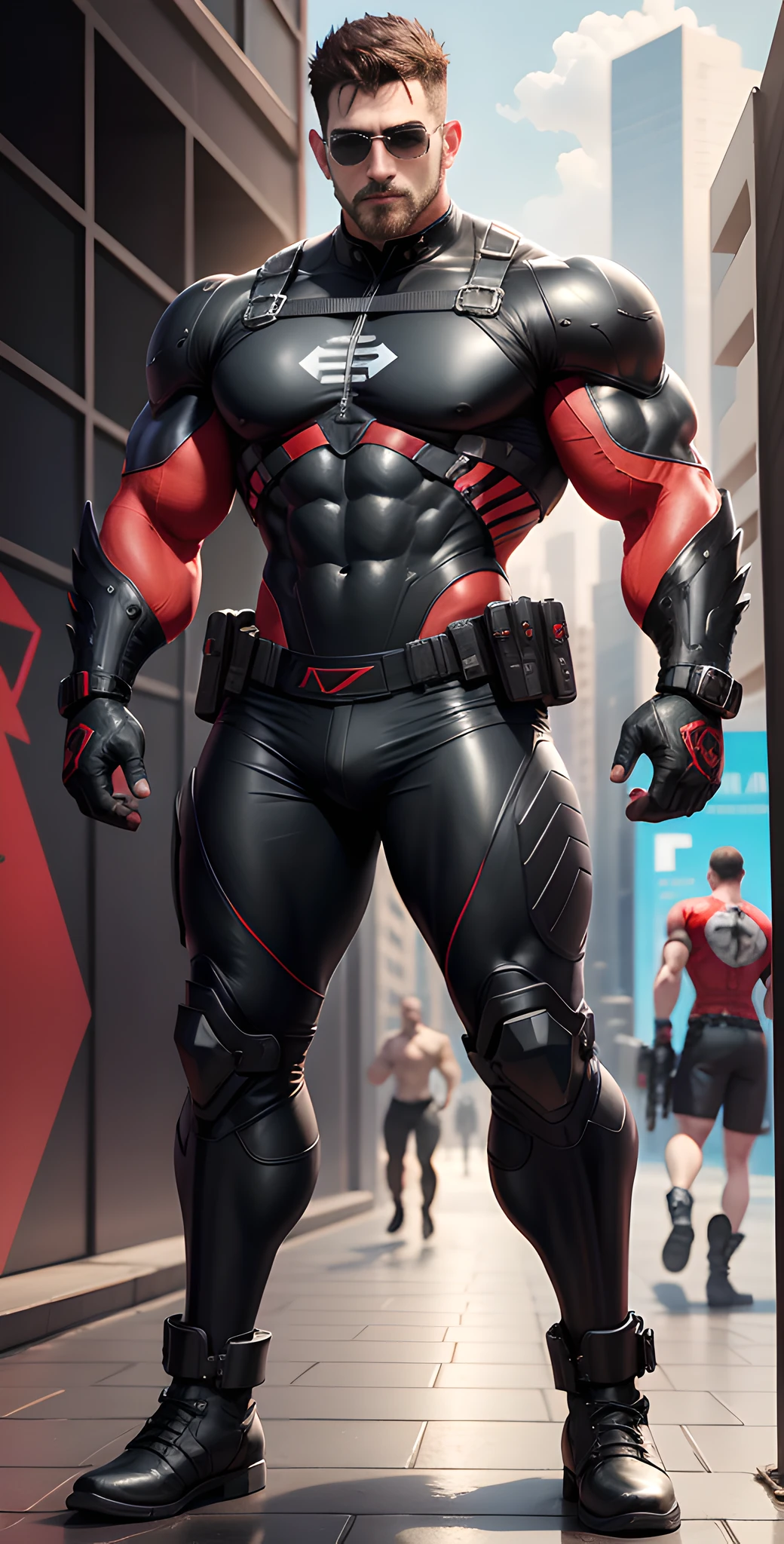 Arad man in red and black clothes standing on sunny beach, muscular male hero, conceptual art like Ernest Khalimov, heroic male pose, muscular! Wearing black sunglasses, Bluetooth headset, round head Buzz Cut, cyberpunk, stealth suit, super buff and cool, high resolution committee, Chris Redfield, Jigachard muscle, Ernest Khalimov body, character design police, black military boots, charismatic strong male with armor