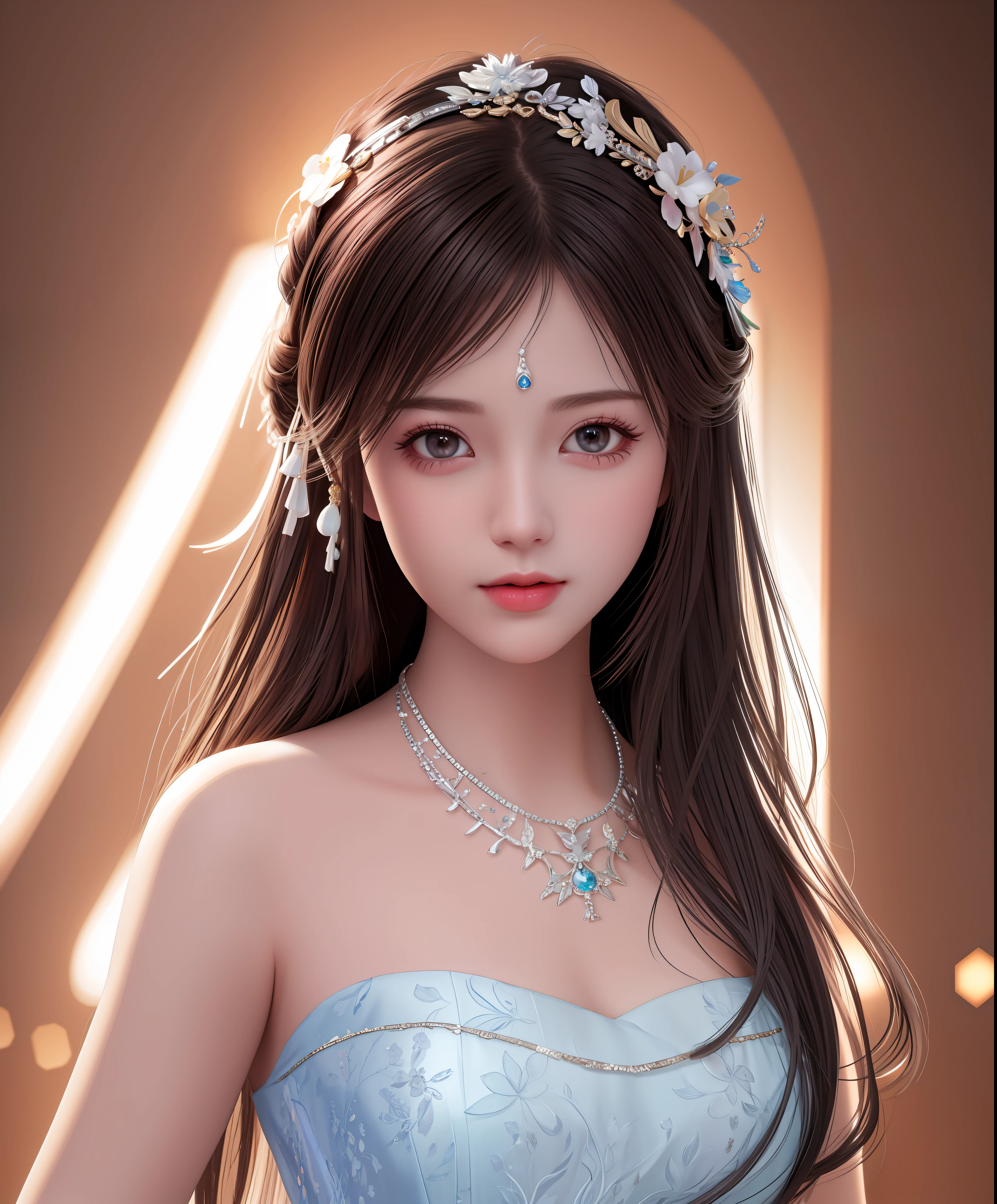 Best quality, masterpiece, high resolution, 1girl, porcelain dress, hair accessories, necklace, jewelry, beautiful face, on the body, Tyndall effect, realistic, dark studio, edge lighting, two-tone lighting, (high detail skin: 1.2), 8k UHD, dslr, soft light, high quality, volumetric light, candid, photo, high resolution, 4k, 8k, background blur,