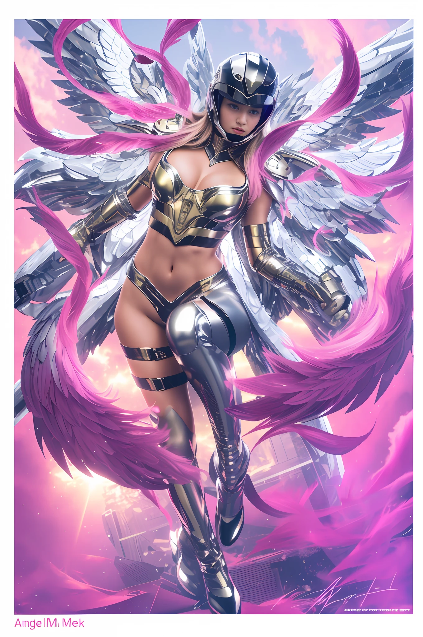 4K, sexy woman, muscular body, long hair, metallic suit, helmet on face, angel wings.