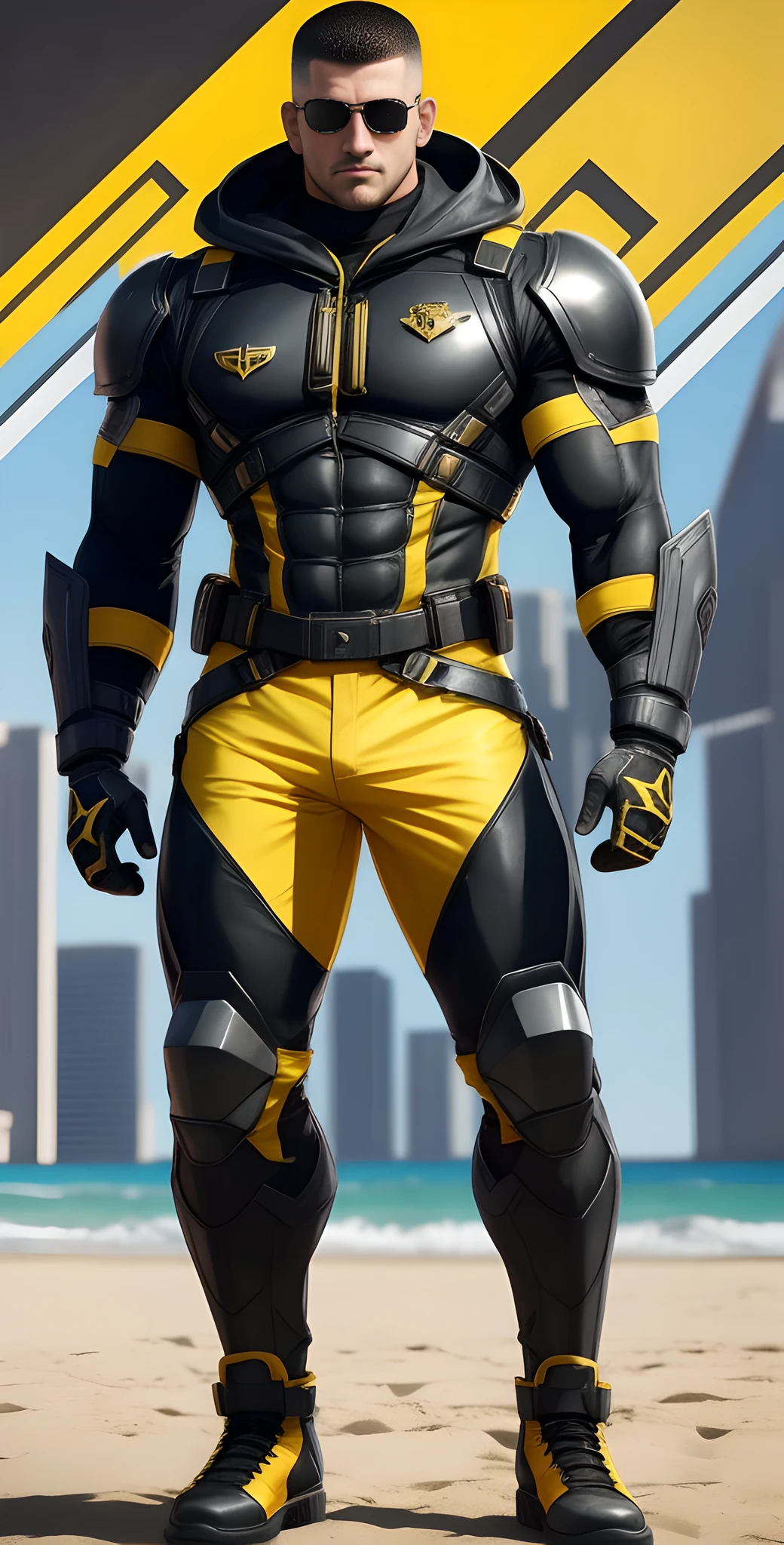 Arad man in yellow and black clothes standing on sunny beach, muscular male hero, round head, Buzz Cut, conceptual art like Ernest Khalimov, heroic male pose, muscular! Wearing black sunglasses, round head Buzz Cut, cyberpunk, stealth suit, super buff and cool, high resolution committee, Chris Redfield, Jigachard muscle, Ernest Khalimov body, character design police, black military boots, charismatic strong male with armor