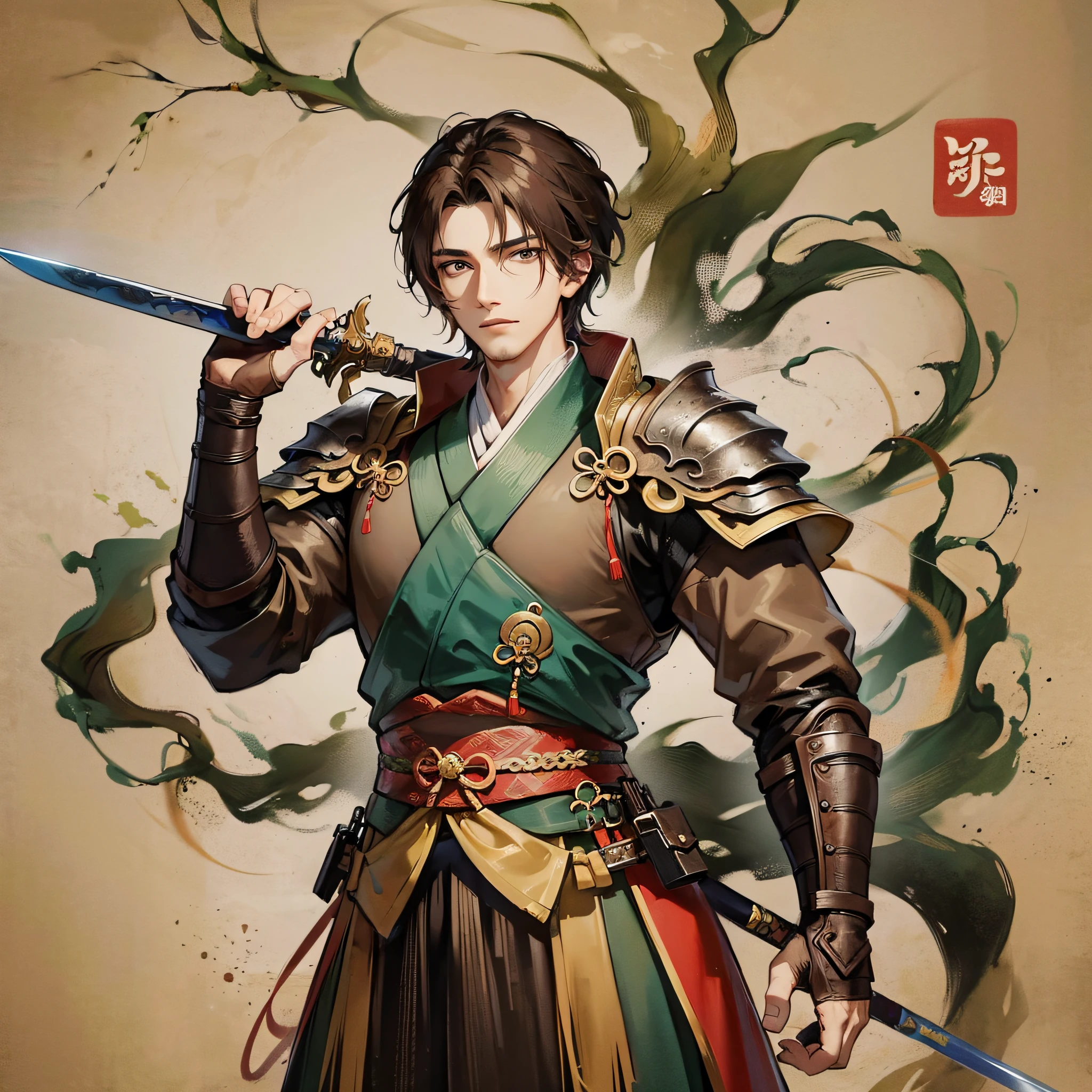 Brown paper texture background, traditional Chinese painting, young handsome swordsman, standing on a rock, ink painting, masterpiece, --auto --s2