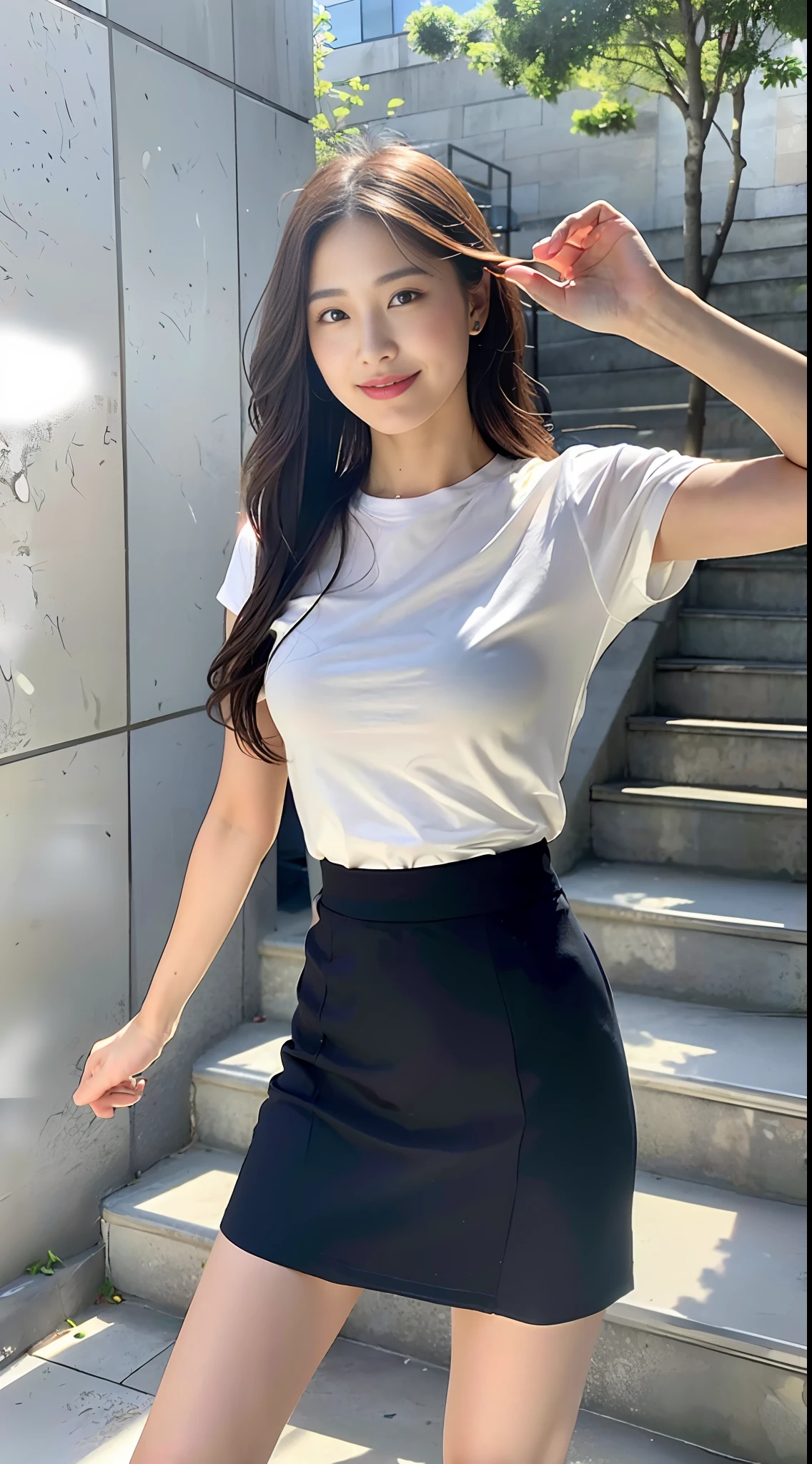 (8k, RAW photo, best quality, masterpiece: 1.2), (realistic, photorealistic photo: 1.37), professional lighting, photon mapping, light energy transfer, low cut, hip cocked, korean girl, background climbing, stone steps, side shot, kick shot, visual impact photo, overhead photo, sheer inch clothes, casual skirt, slight smile